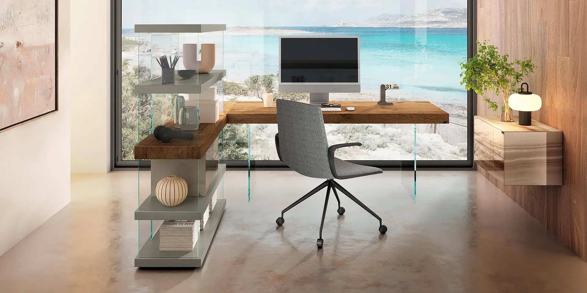 Contemporary office desk with a view of the ocean and stylish decor.