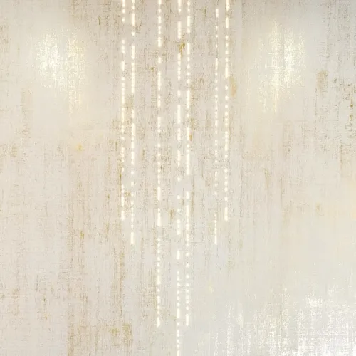 A textured cream and gold background with vertical lines of bright, glowing dots descending from the top.