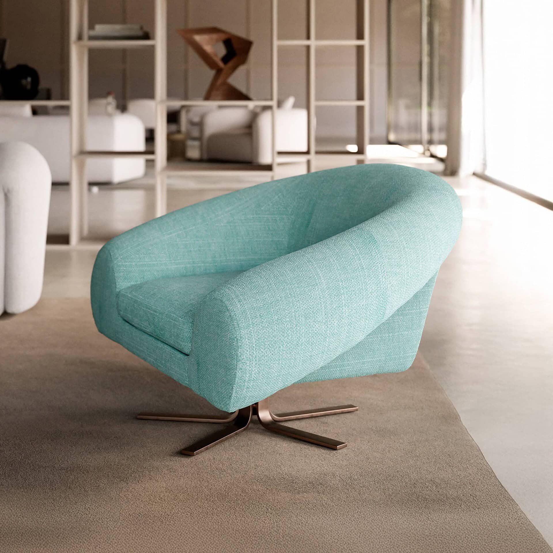Airstrike Swivel Armchair in teal fabric viewed from the back, highlighting its sculptural design.