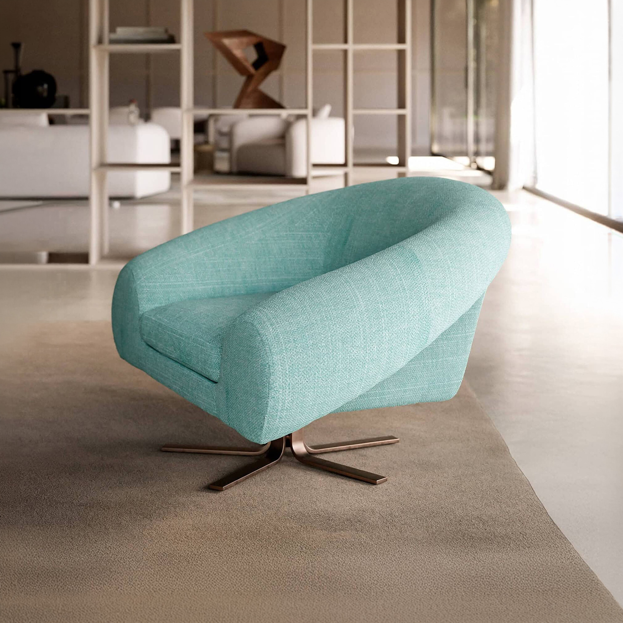 Airstrike Swivel Armchair in teal fabric viewed from the back, highlighting its sculptural design.