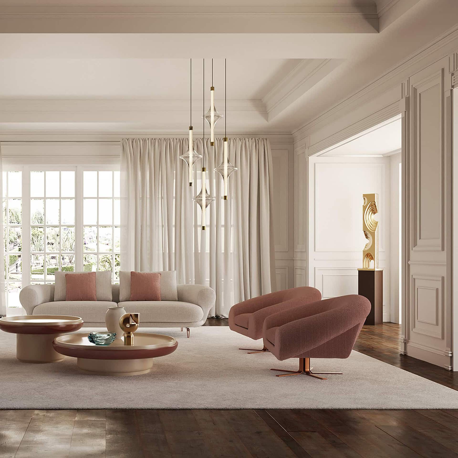 Airstrike Swivel Armchair in deep red fabric placed in a bright, minimalist interior with natural light.