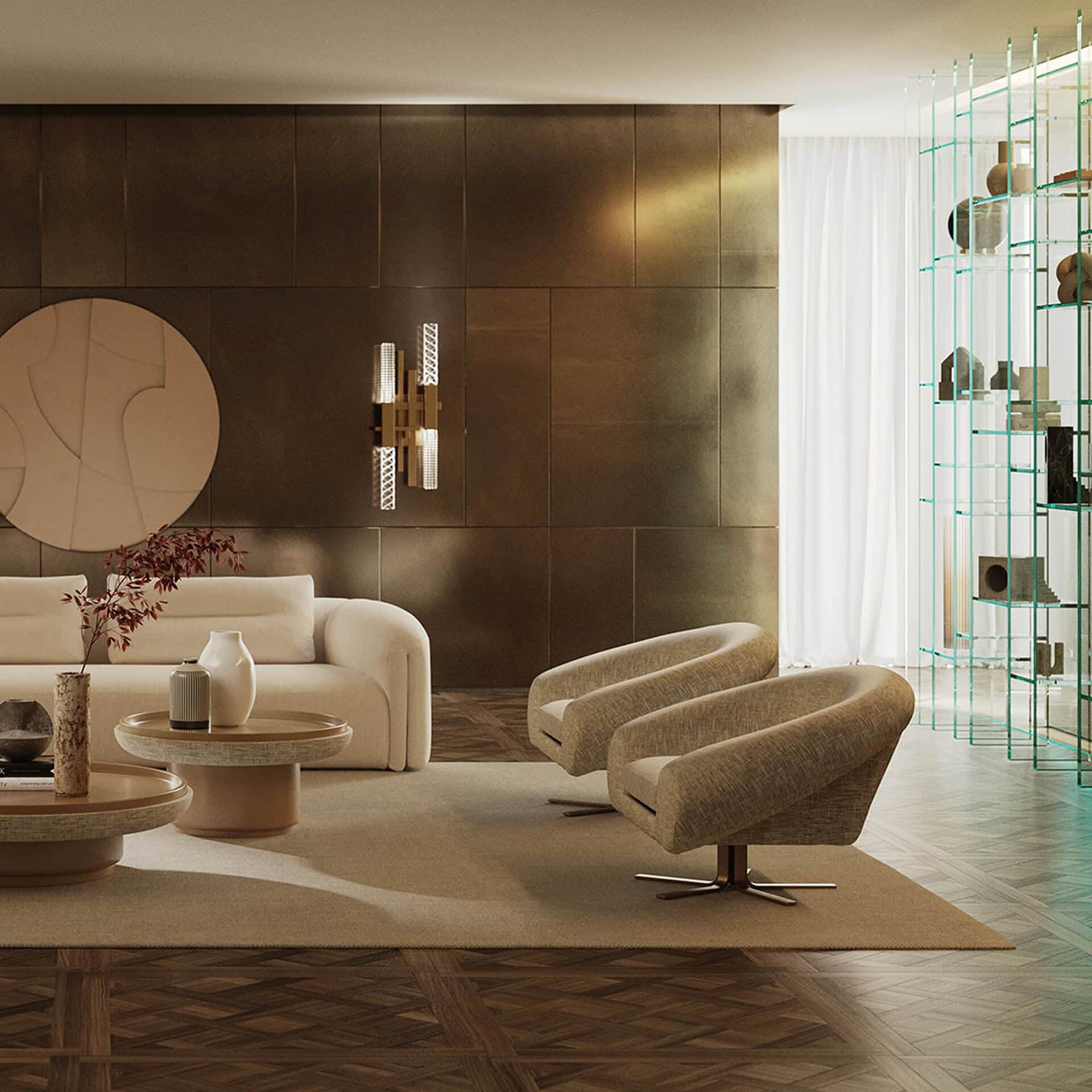 Airstrike Swivel Armchair in warm beige displayed in a chic, softly lit living room interior.