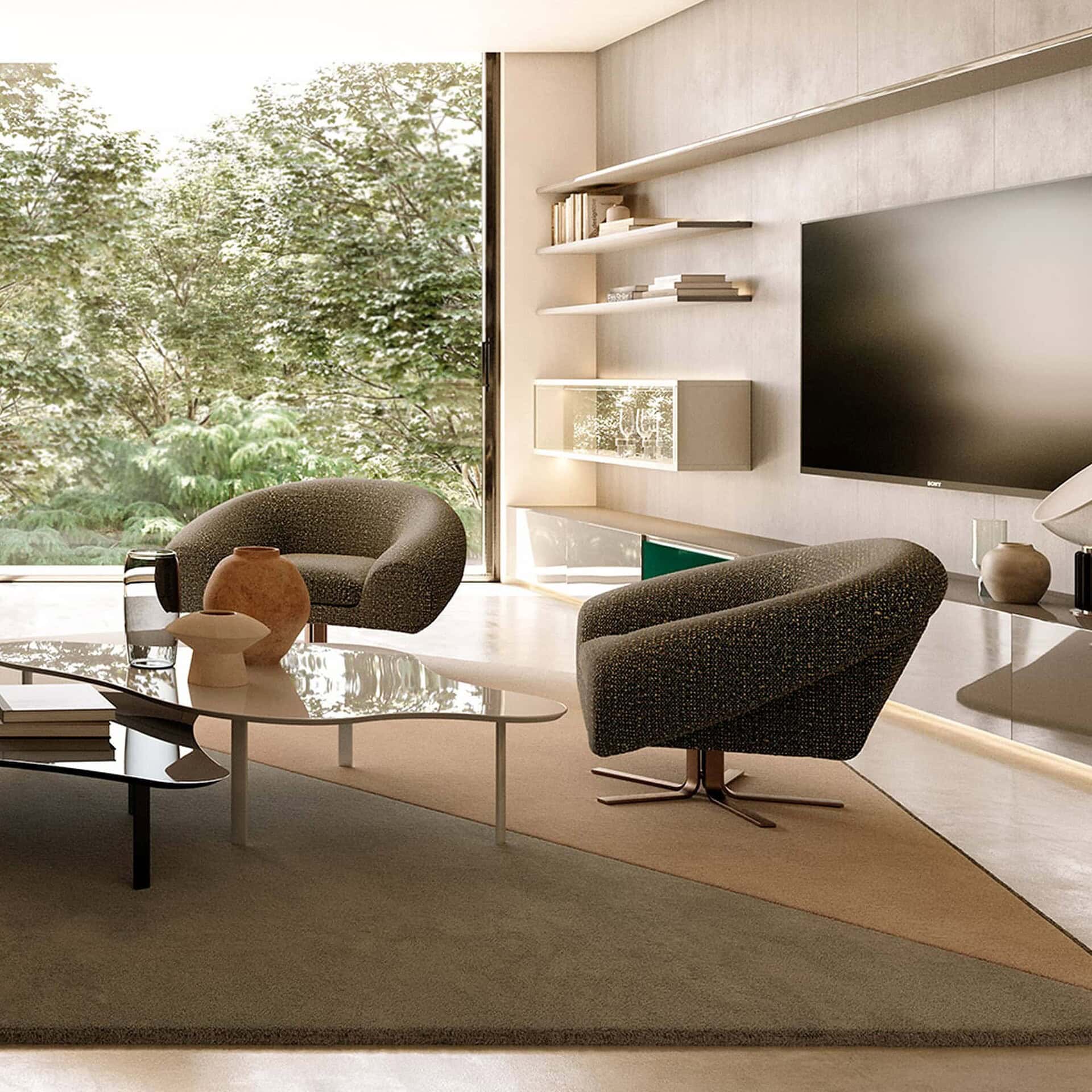 Airstrike Swivel Armchair in neutral beige upholstery in a cozy living space with large windows.