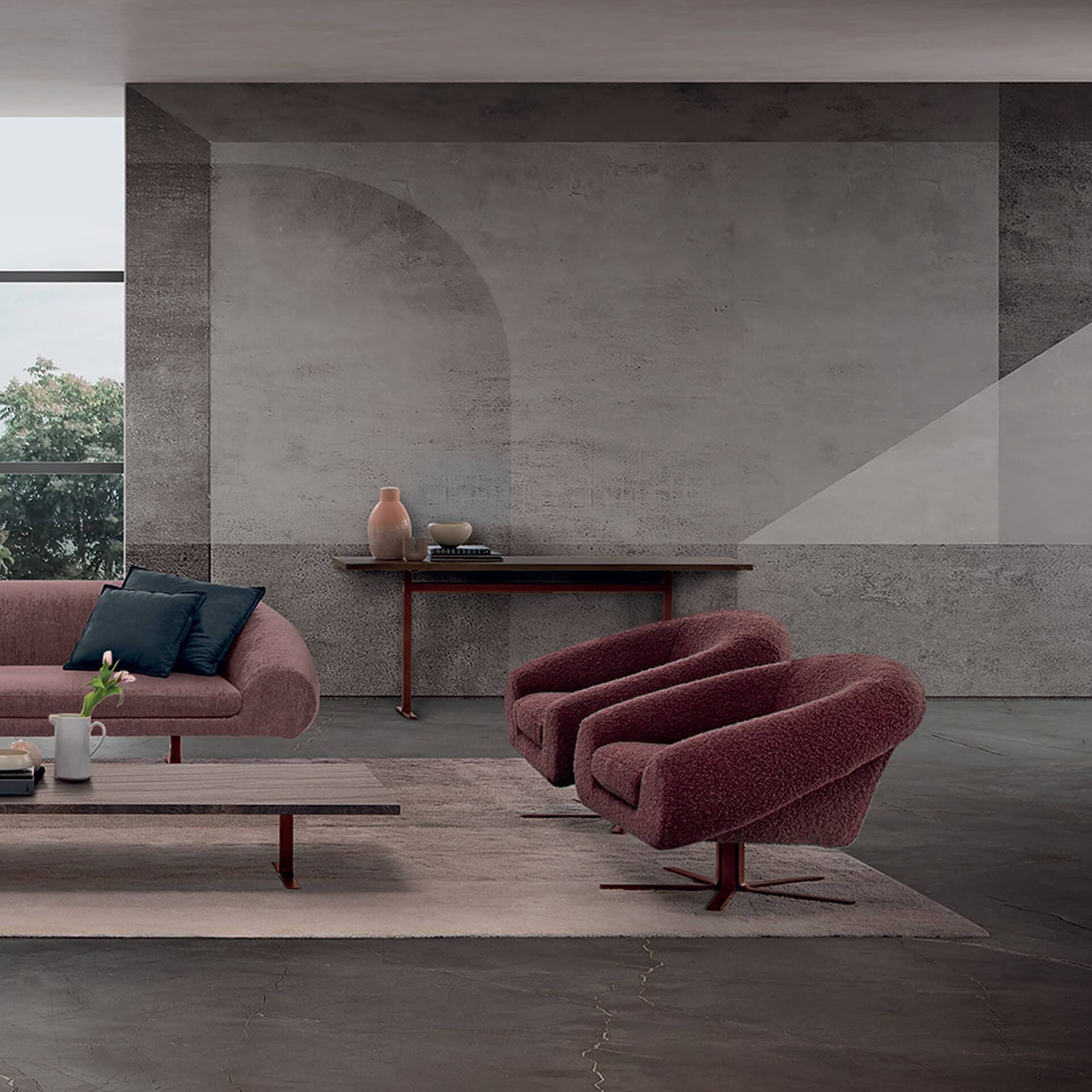 Airstrike Swivel Armchair in red fabric shown in a contemporary lounge setting with soft natural light.