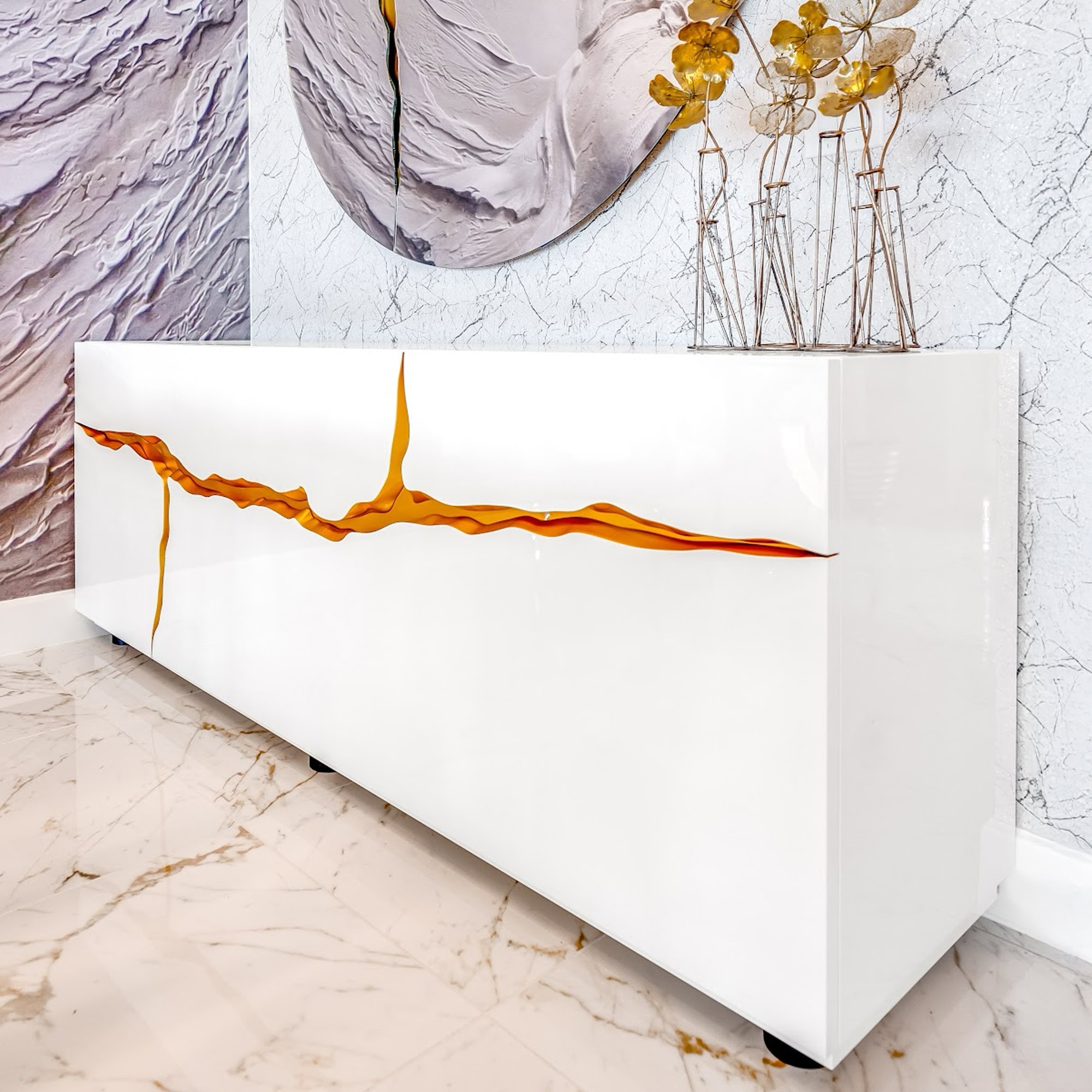 Contemporary white modern reception desk with orange accent design at Sklar Furnishings.