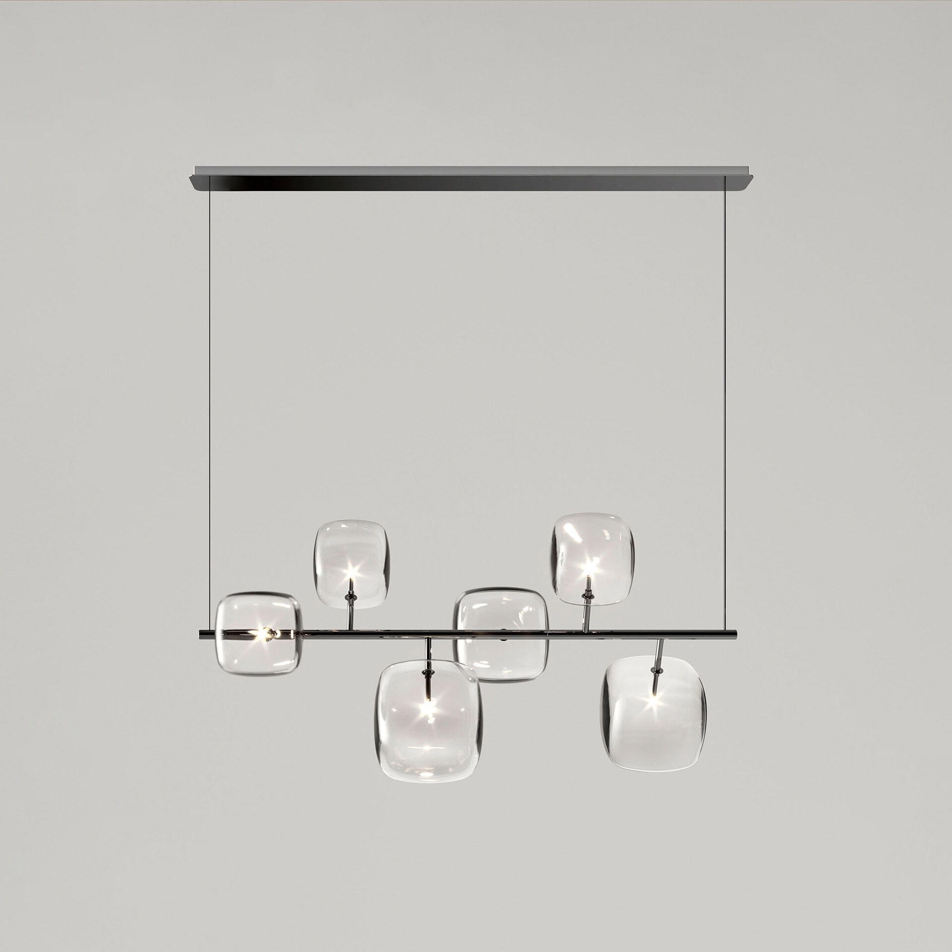 Contemporary glass pendant chandelier with multiple glass shades and sleek design.