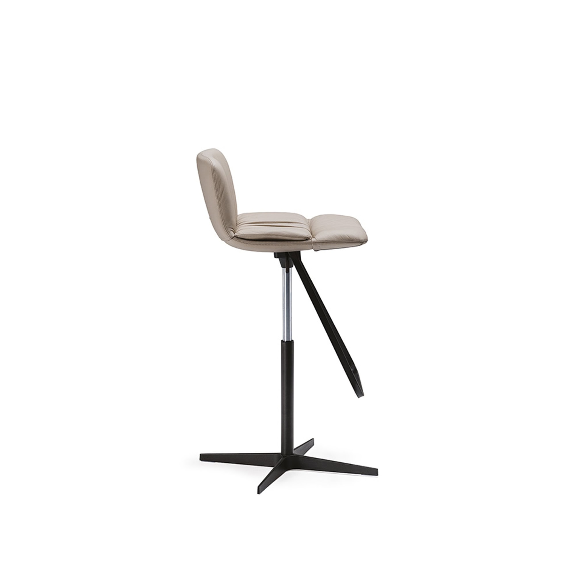 Side profile view of the Axel X Stool showing its adjustable seat and metal footrest.