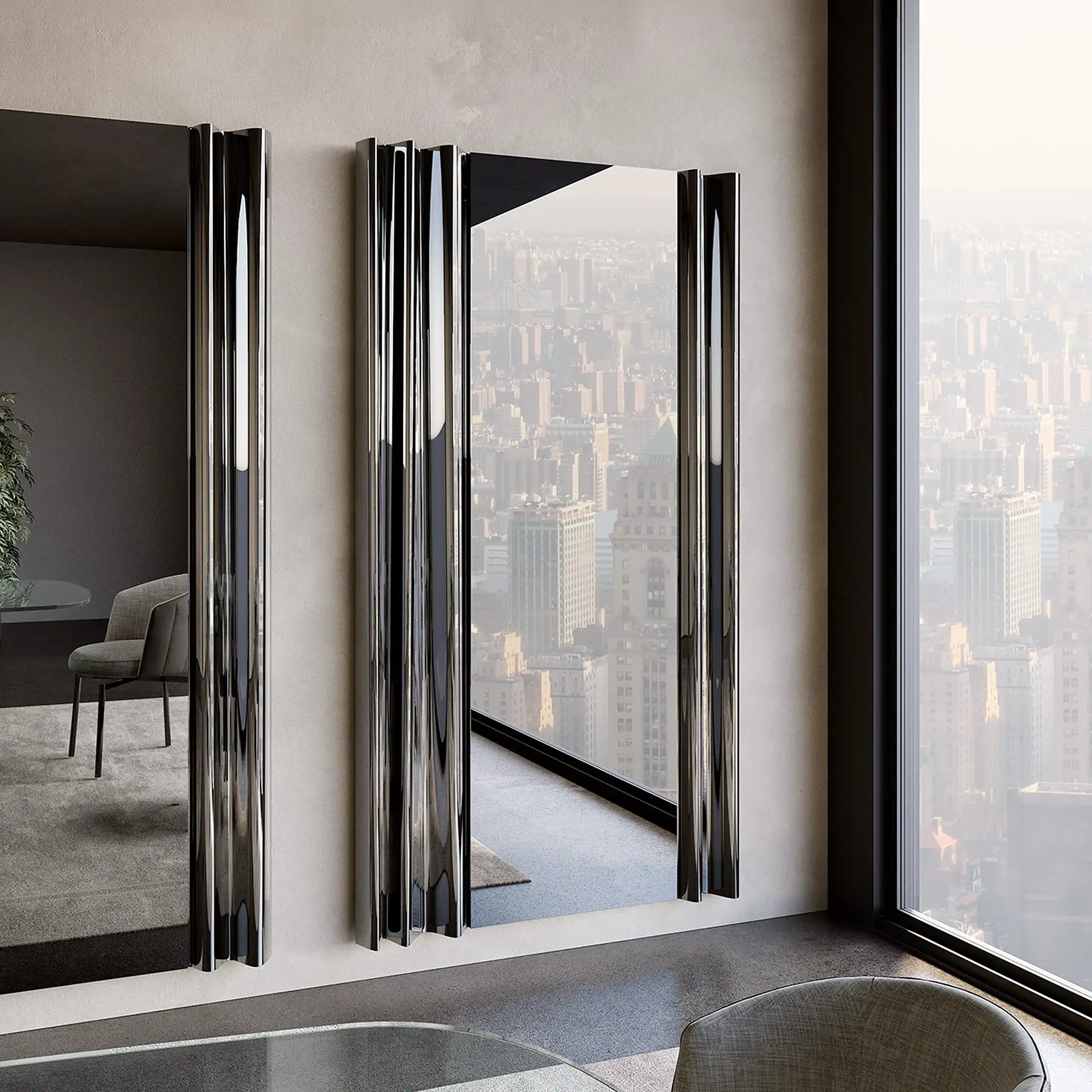 Sklar Furnishings Rolli Vertical Mirror in a modern high-rise room.