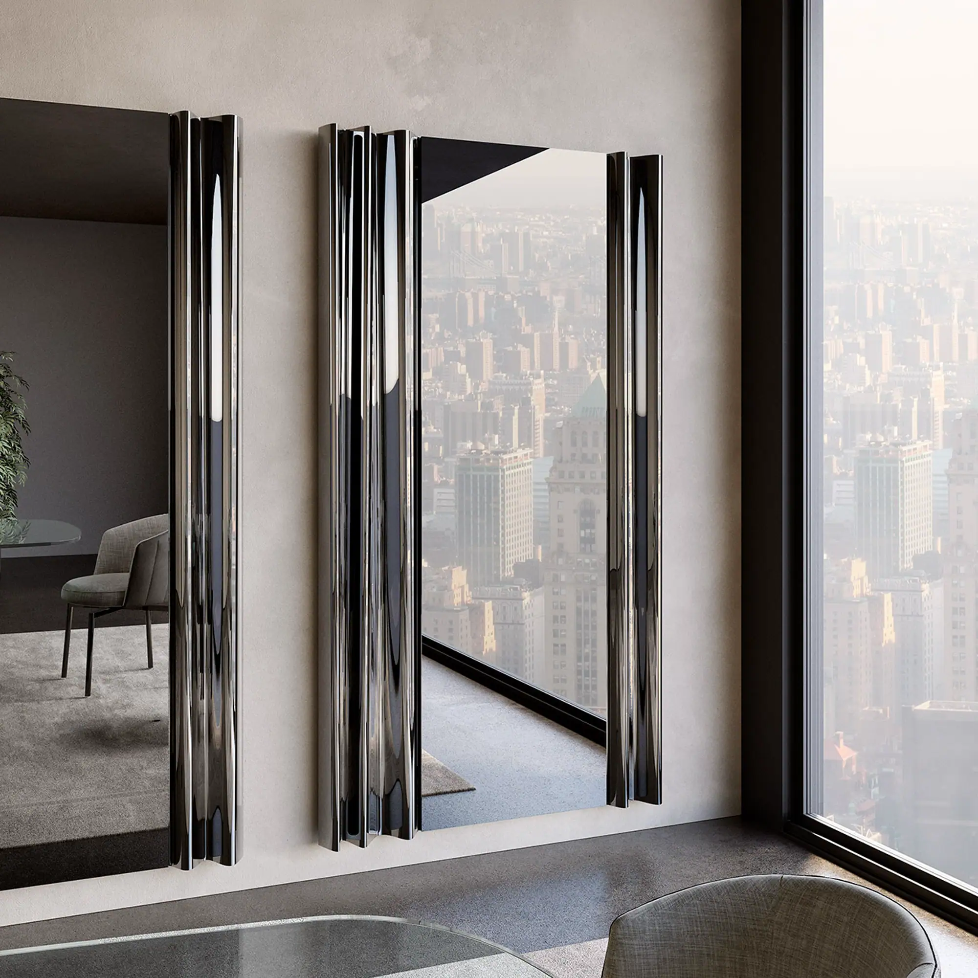 Sklar Furnishings Rolli Vertical Mirror in a modern high-rise room.