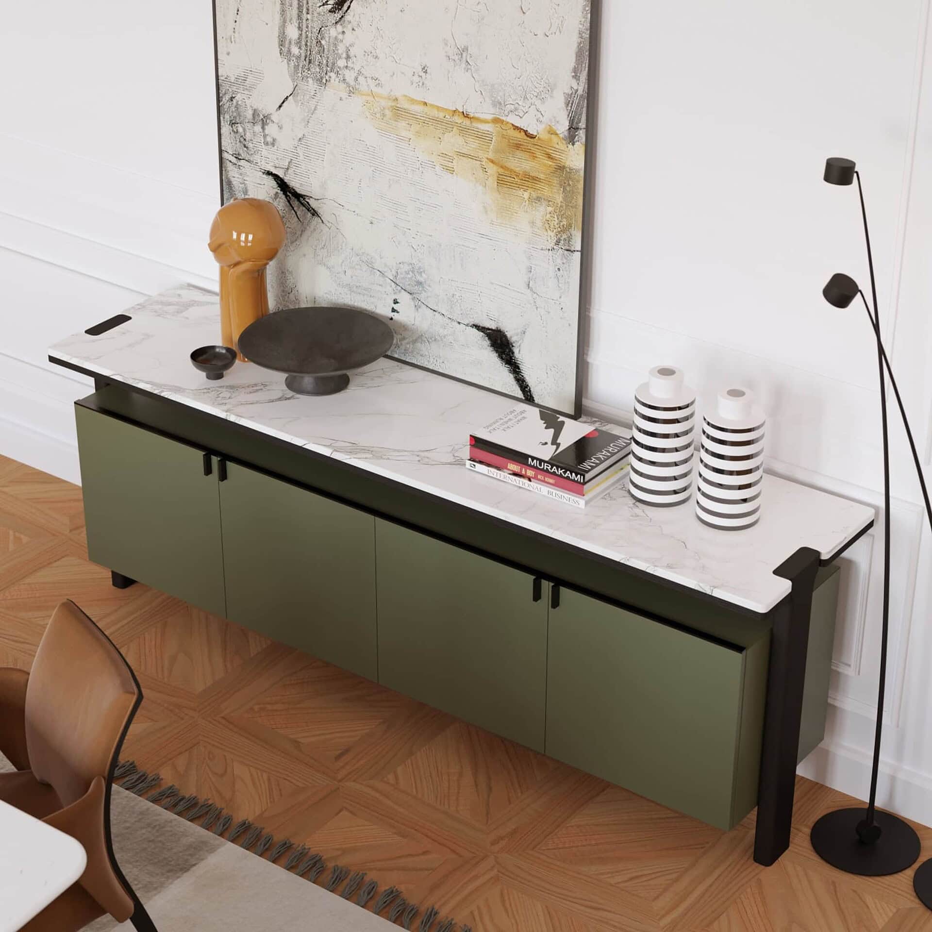 Side angle of Jasmine Modern Sideboard in green lacquer with marble top, placed in a modern interior with wood floors.