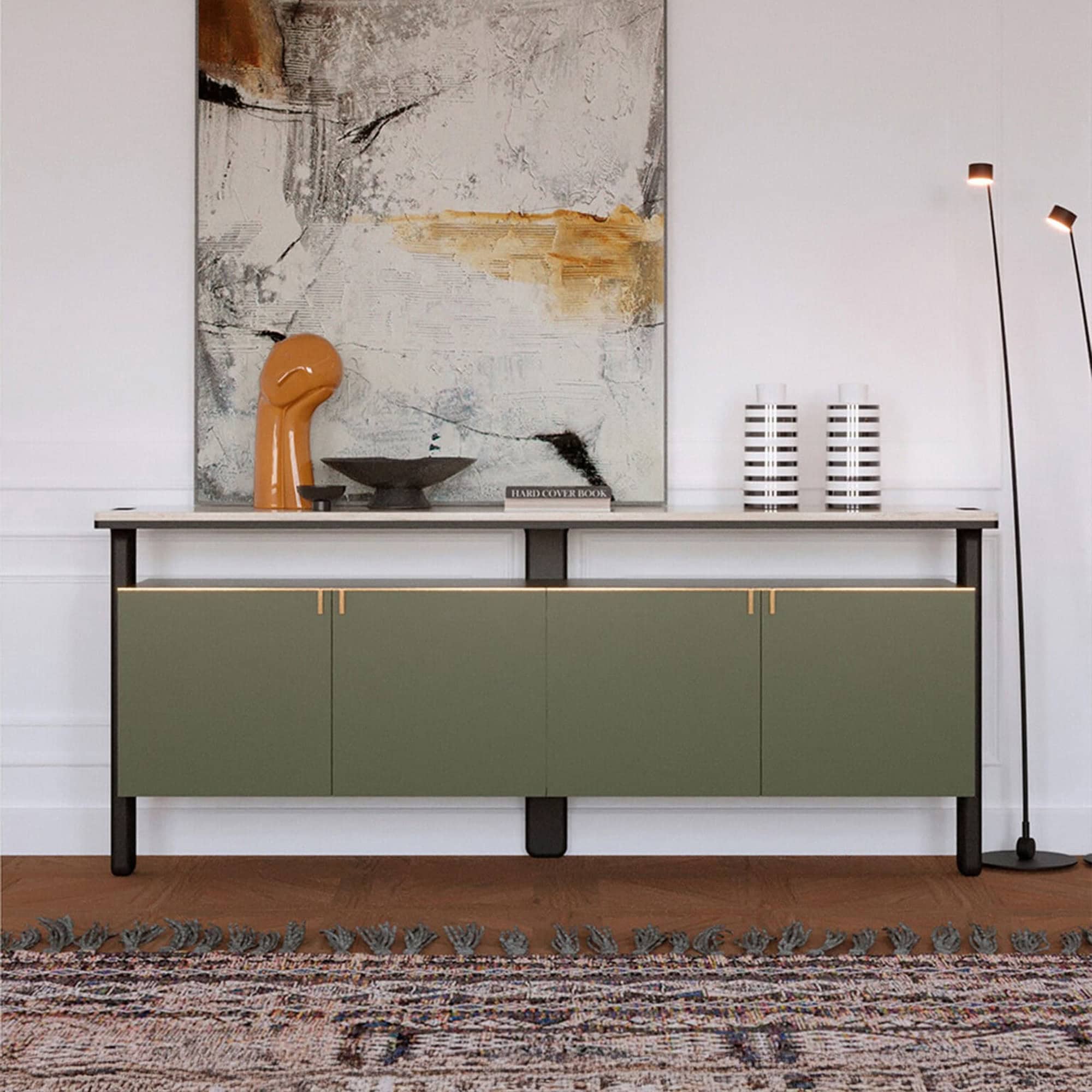 Front view of Jasmine Modern Sideboard with green lacquer finish and marble top, styled with modern artwork and décor accents.
