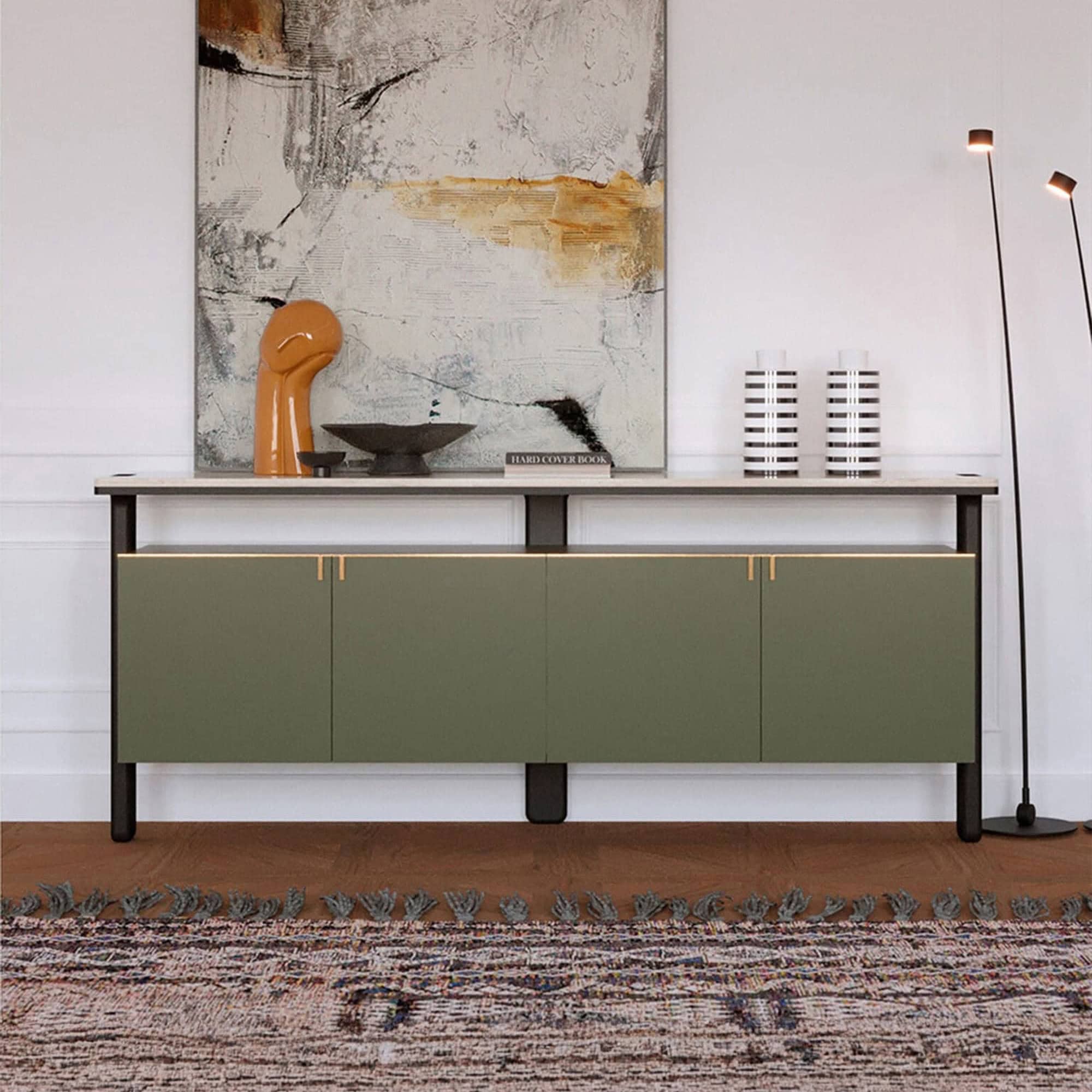 Front view of Jasmine Modern Sideboard with green lacquer finish and marble top, styled with modern artwork and décor accents.