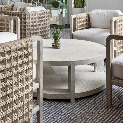 A modern lounge area with light wood and woven armchairs, a round coffee table with a plant, and a blue patterned rug.
