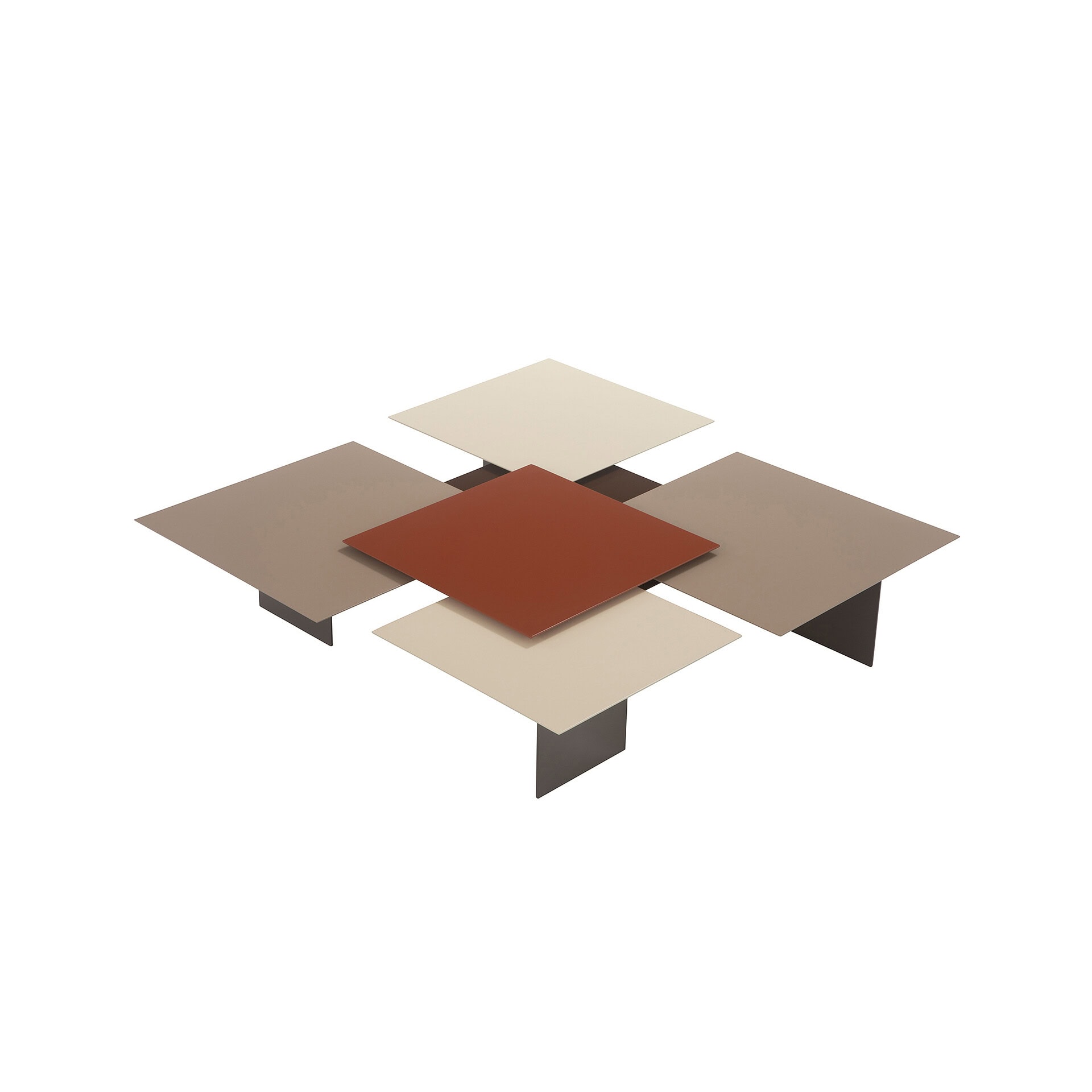 Modern multi-level coffee table with five square tops in terracotta, beige, and taupe, arranged geometrically on a white background.