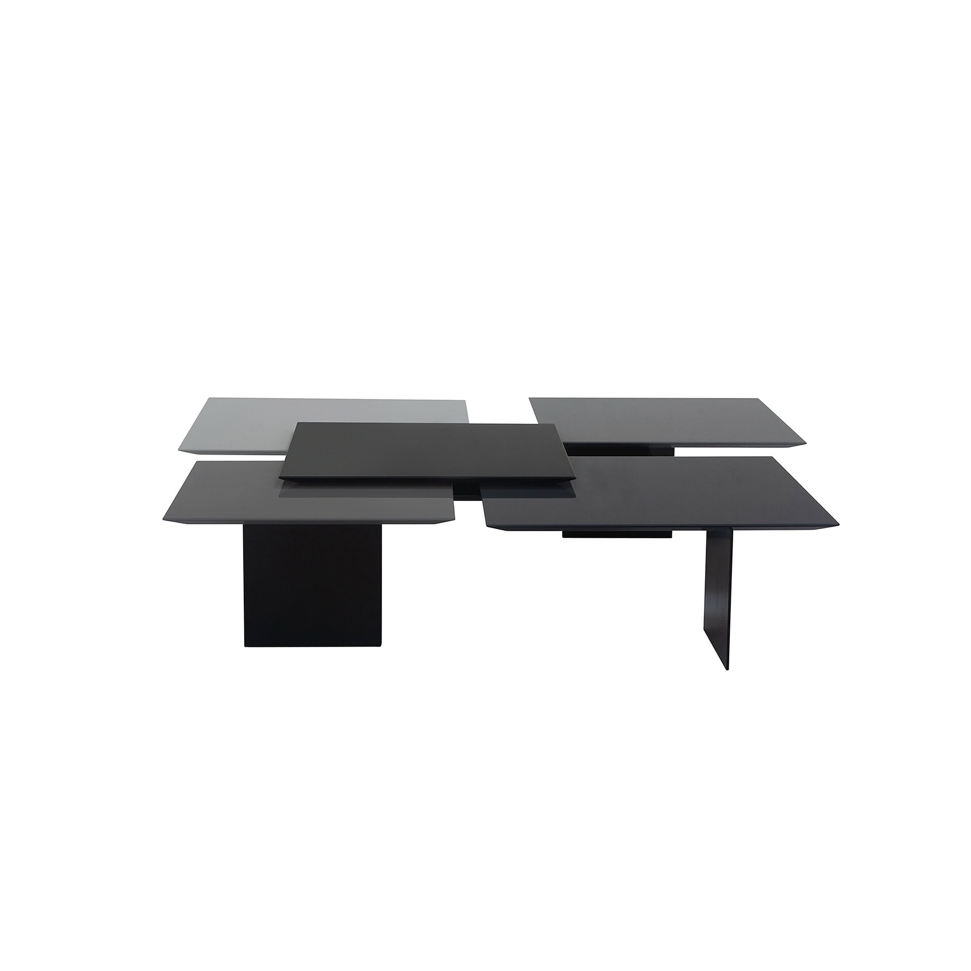 Modern multi-level coffee table with rectangular surfaces in light gray, dark gray, and black, on a white background.