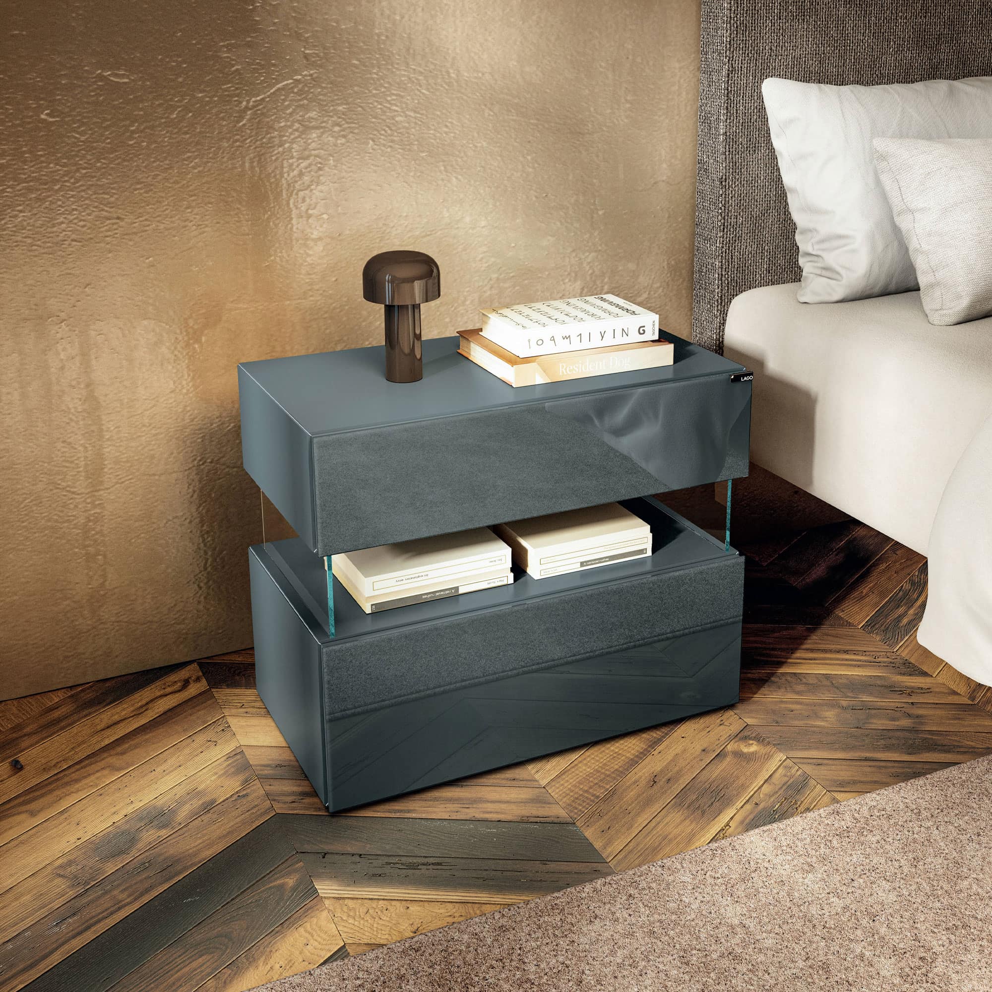 Air Floating Glass Nightstand with dual blue lacquered drawers and transparent glass legs beside a modern bed.