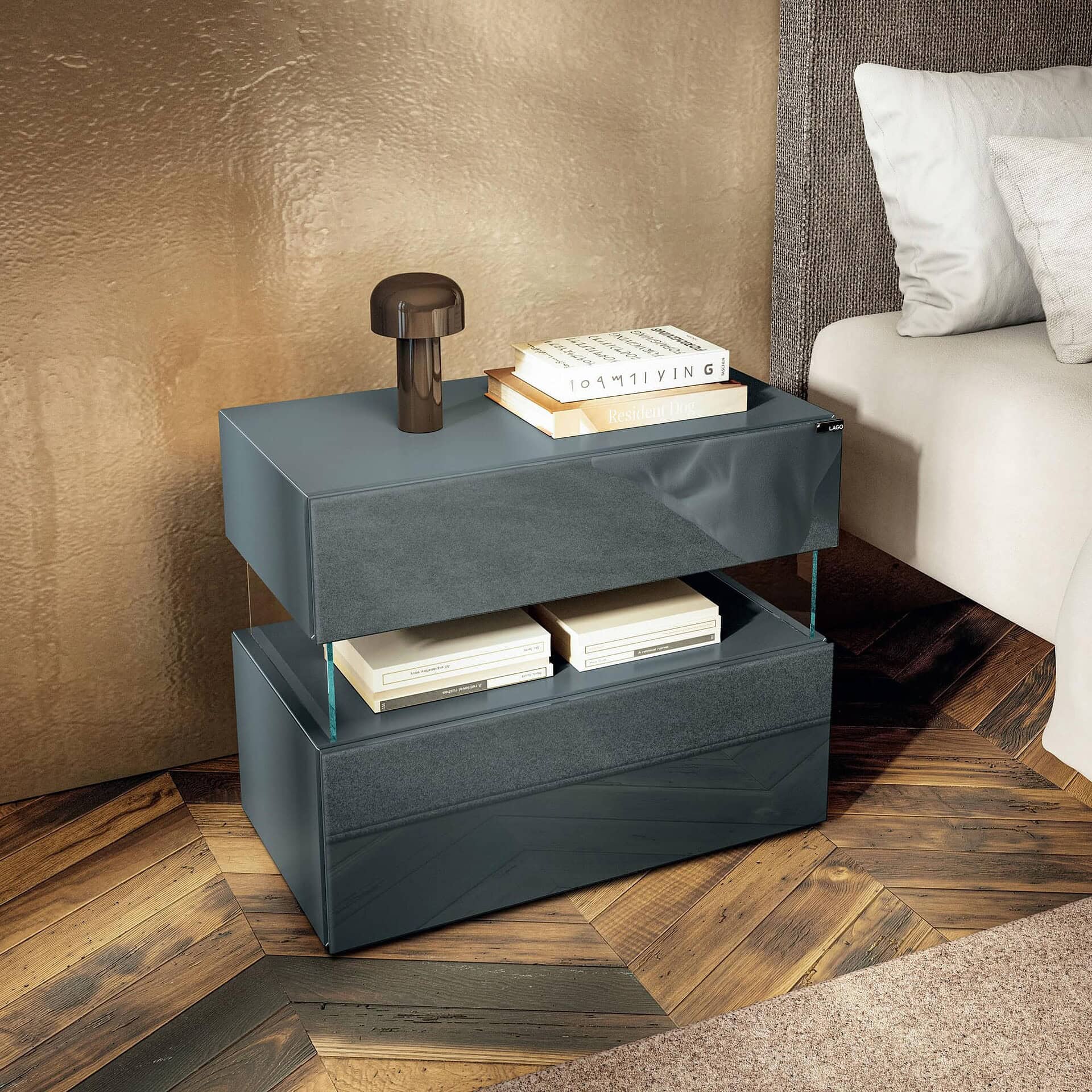 Air Floating Glass Nightstand with dual blue lacquered drawers and transparent glass legs beside a modern bed.