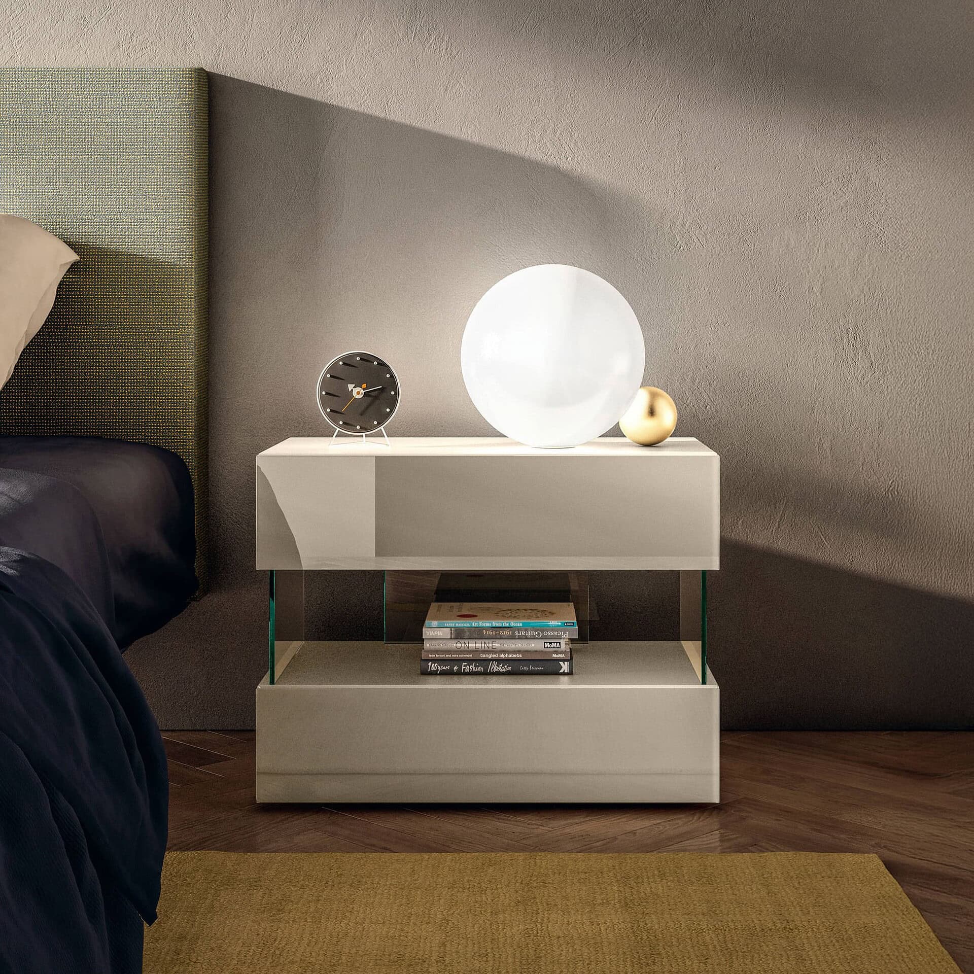 White lacquer Air Floating Glass Nightstand with glass supports and glowing orb lamp on top.