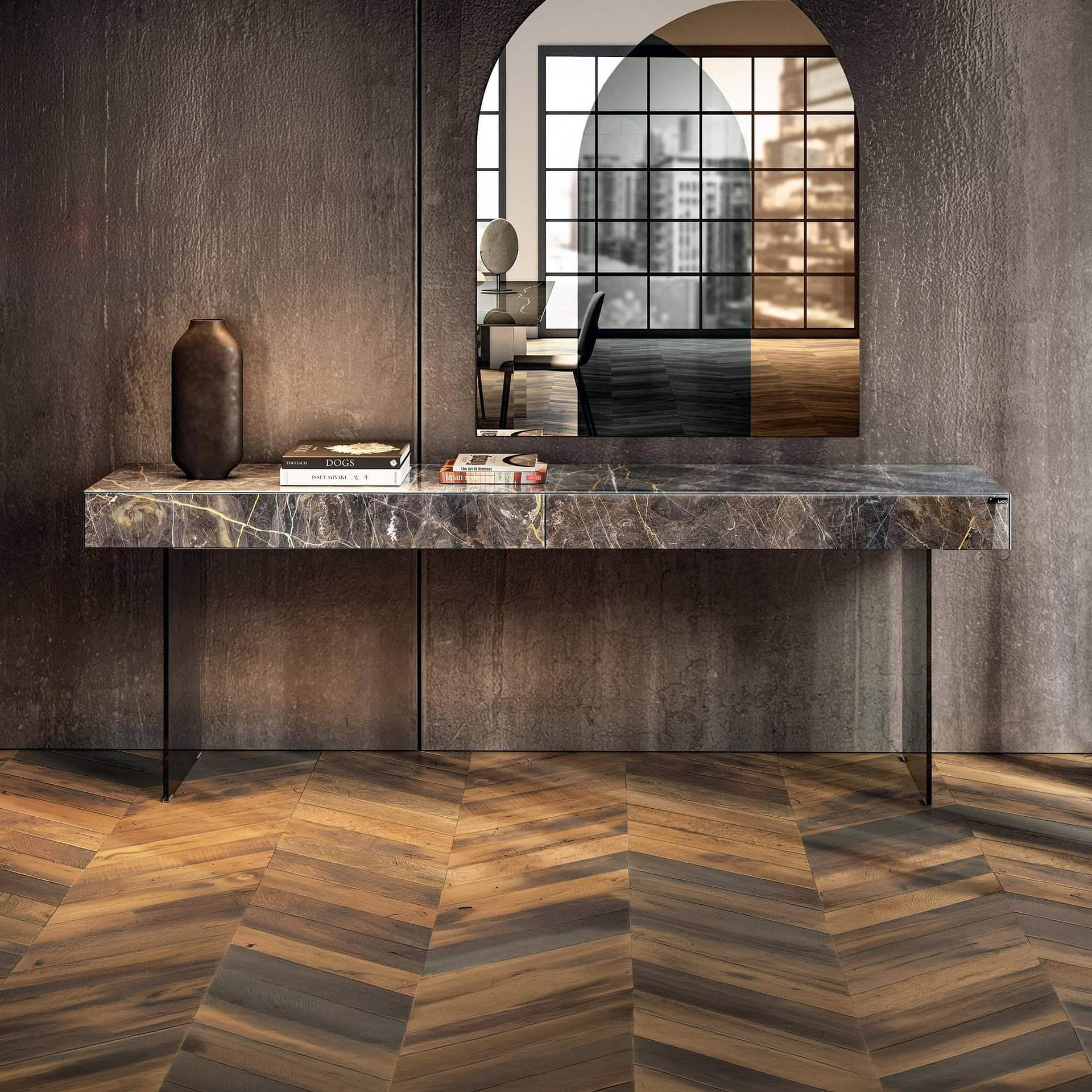 Elegant glass console table with a marble top, perfect for contemporary living spaces.