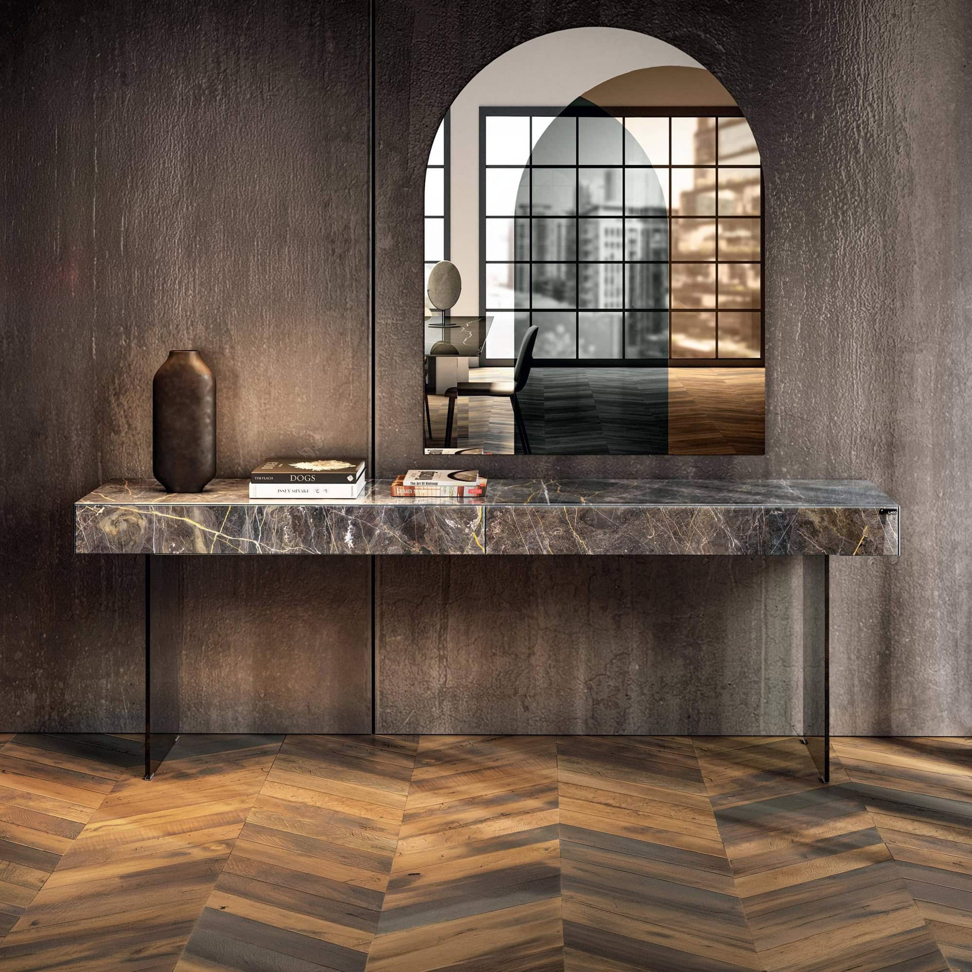 Elegant glass console table with a marble top, perfect for contemporary living spaces.