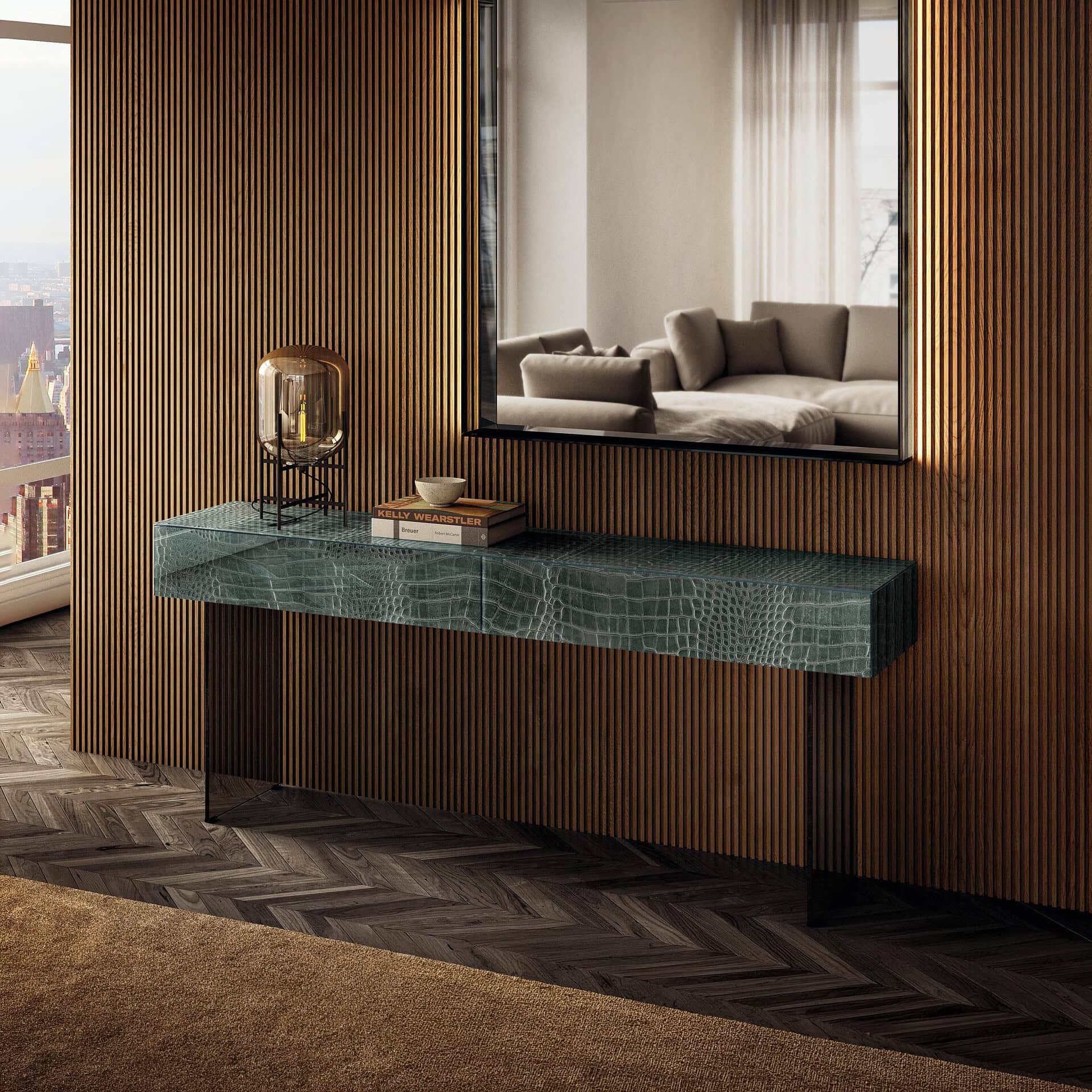 Elegant green glass console table in modern living room setting.