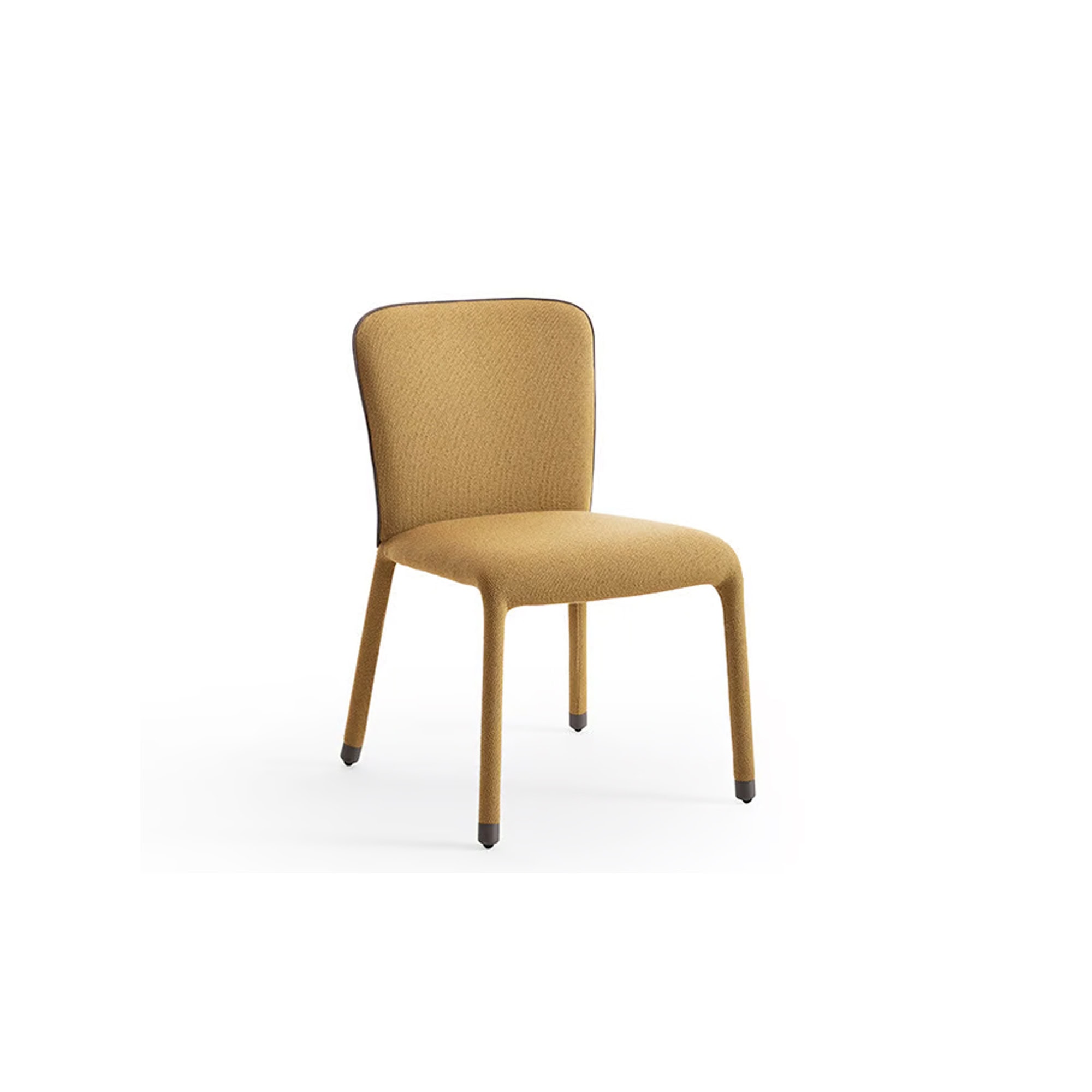 Front view of an S1 Dining Chair upholstered in mustard fabric with slim legs.