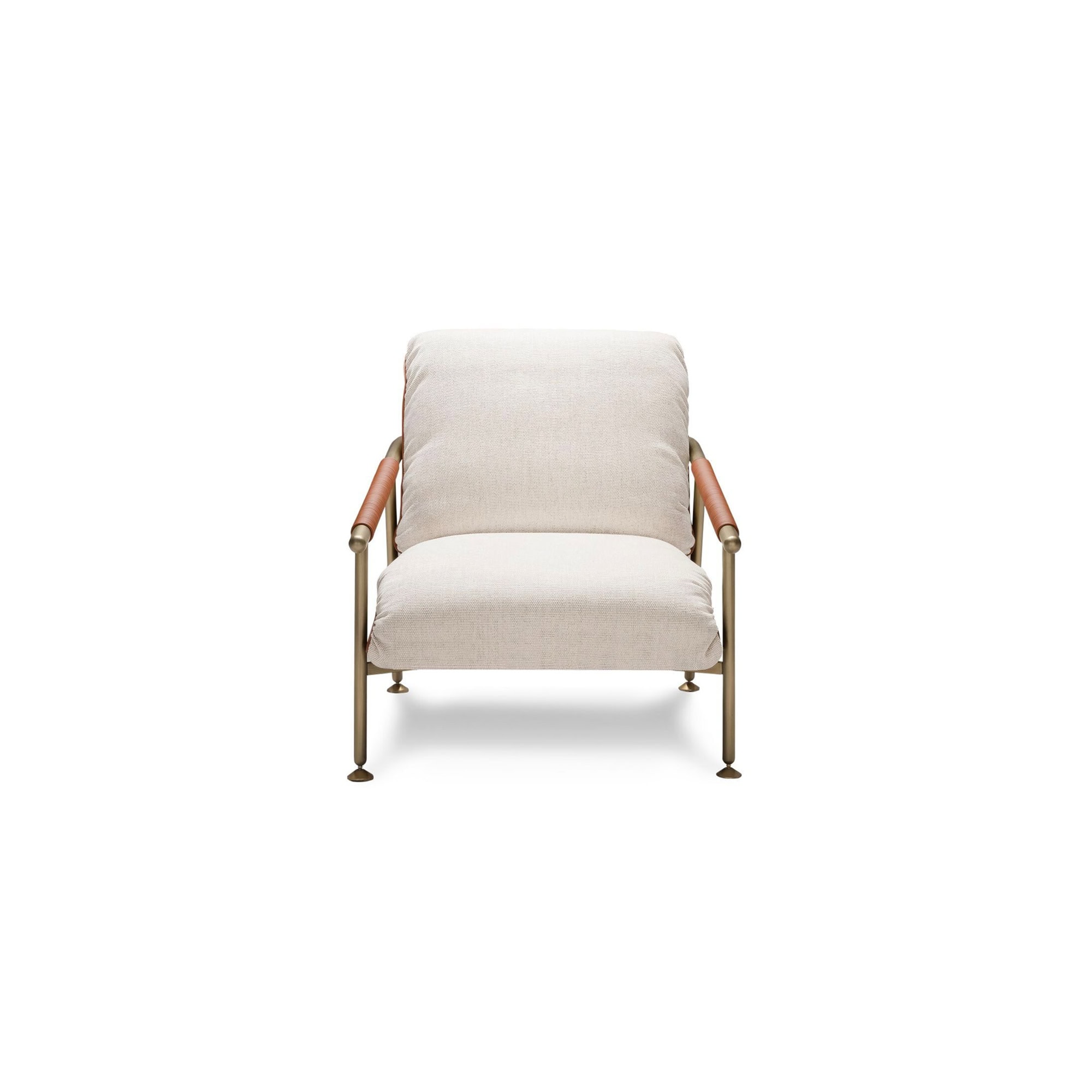 Modern beige upholstered lounge chair with metal and wood accents – stylish home furniture.
