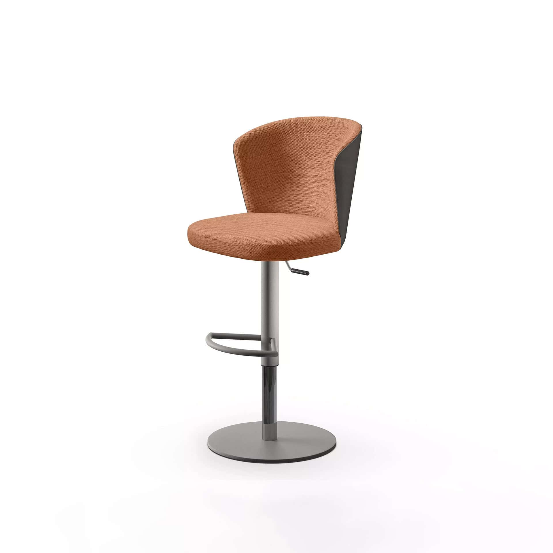 A modern bar stool with a terracotta fabric seat and backrest, dark gray outer back, and a silver-gray height-adjustable pedestal base with a round footrest.