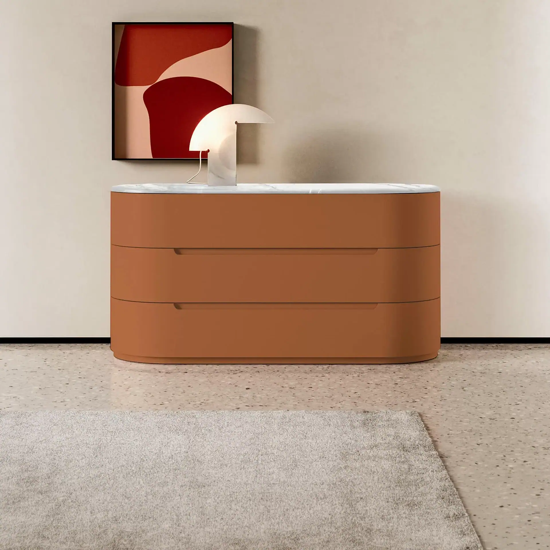 Globo 3-Drawer Dresser with marble top and modern decor.