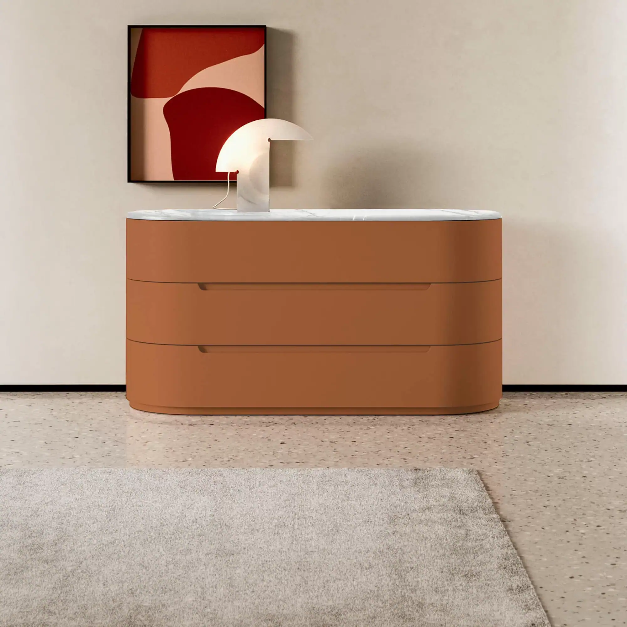 Globo 3-Drawer Dresser with marble top and modern decor.