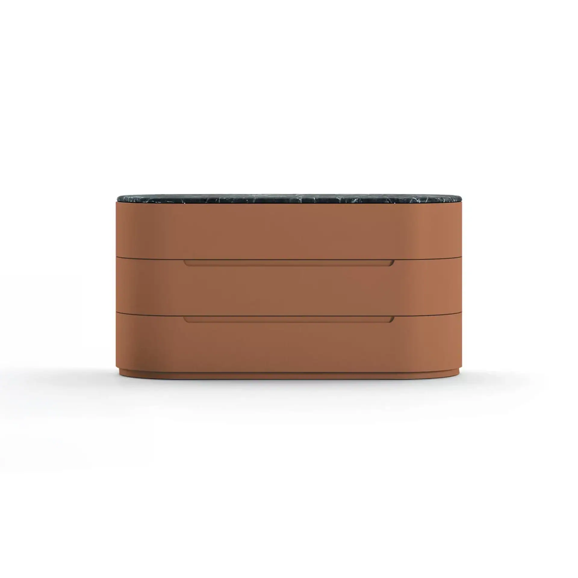 Globo 3-Drawer Dresser with black top and brown drawers.