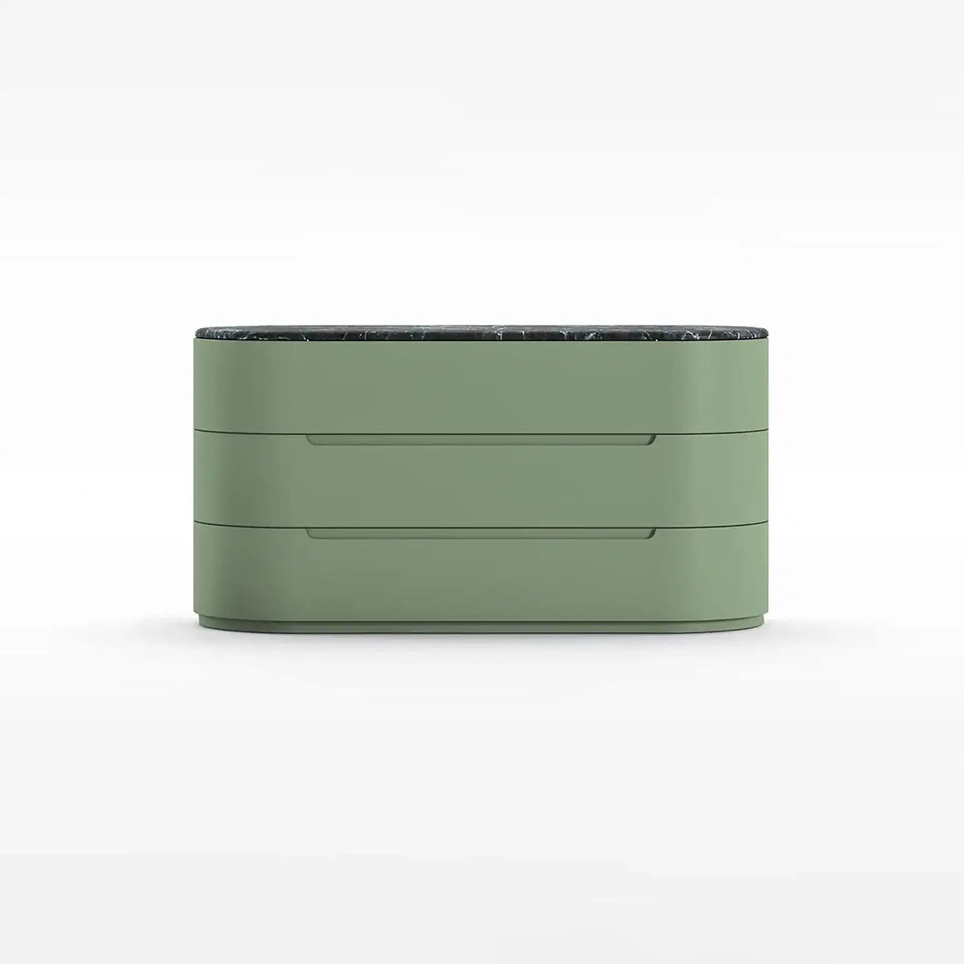 Sklar Furnishings green dresser with three drawers and black marble top.