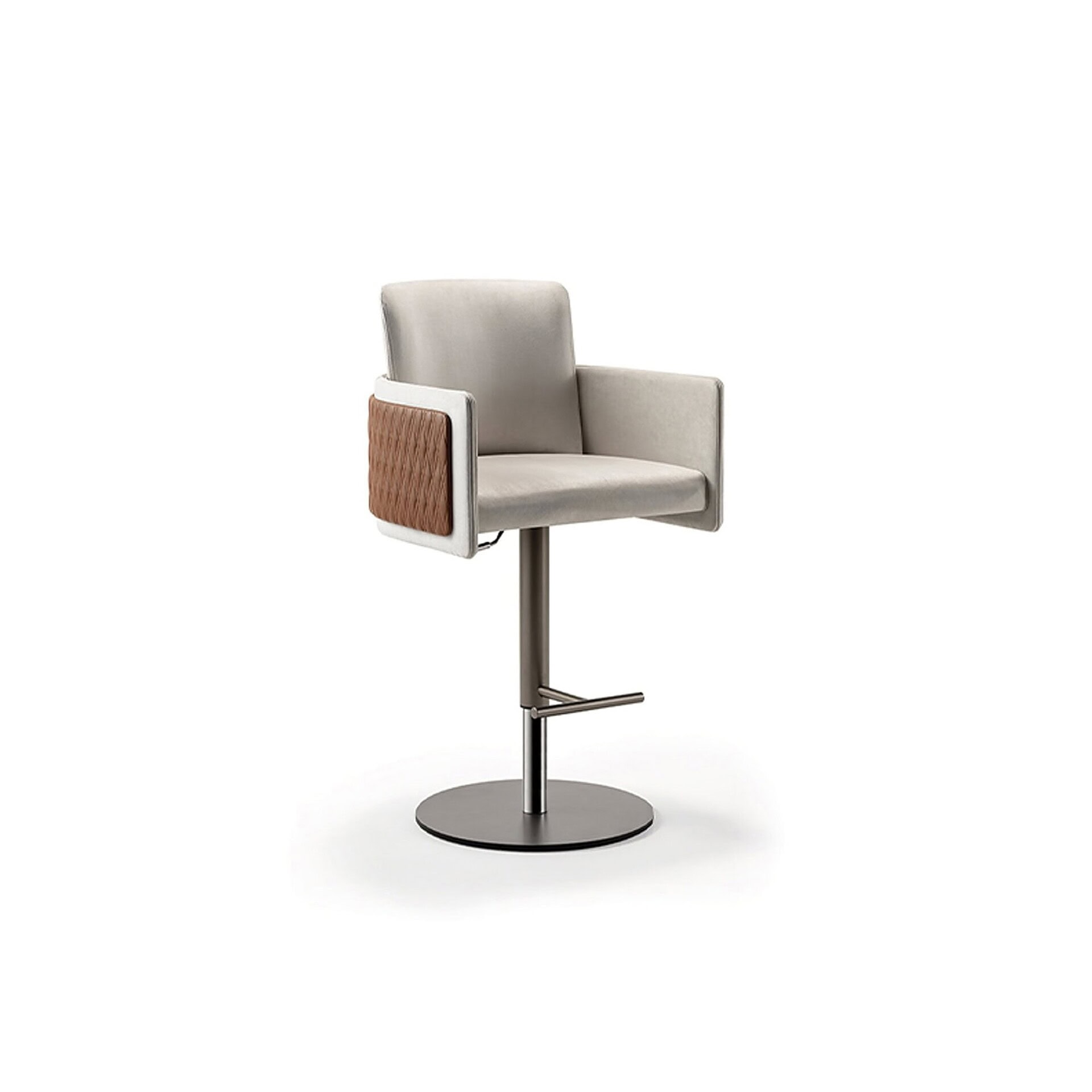 Single Amet Upholstered Adjustable Stool on a white background, showing quilted brown leather side detail and polished metal base.