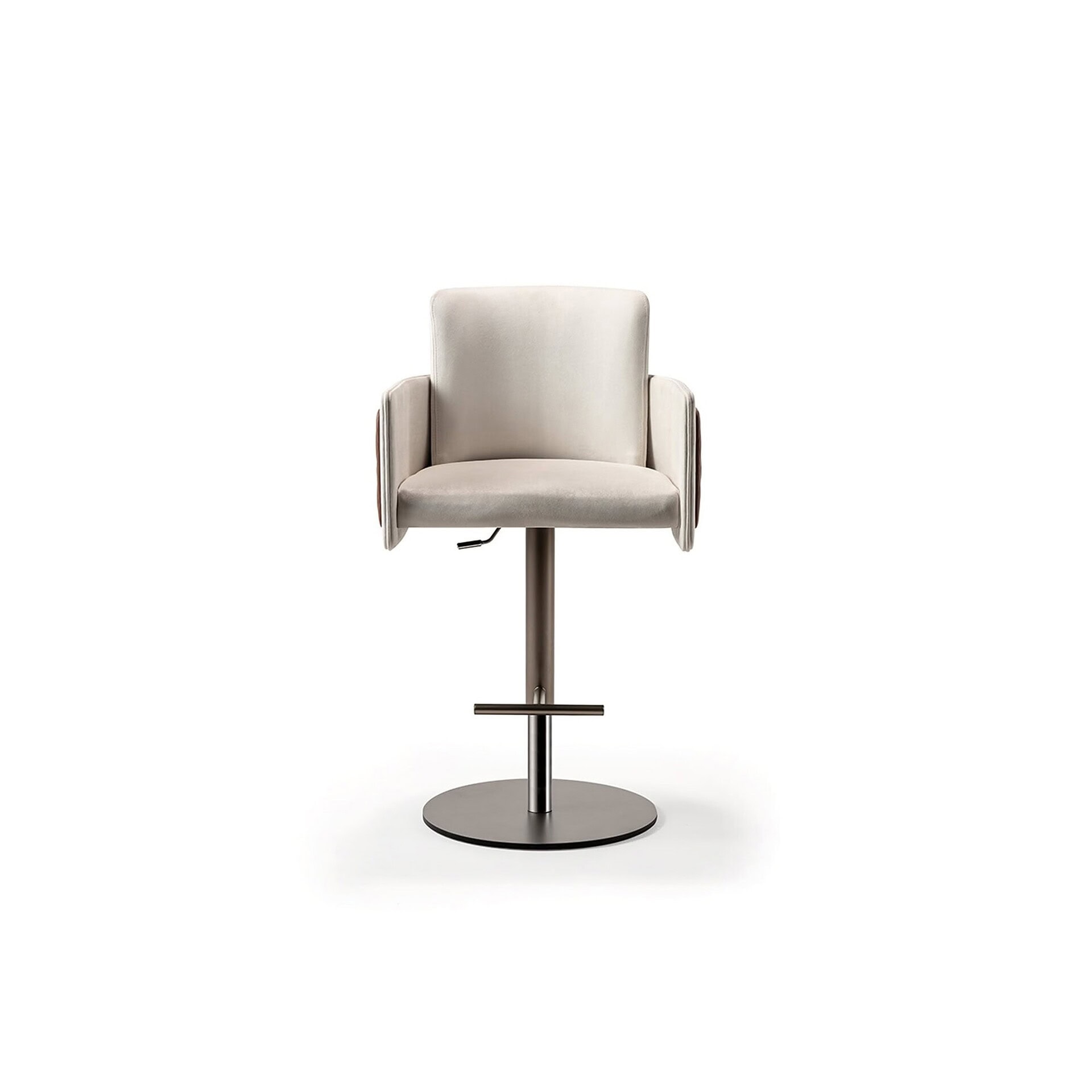 Front view of the Amet Upholstered Adjustable Stool on a white background, highlighting the padded backrest and circular base.