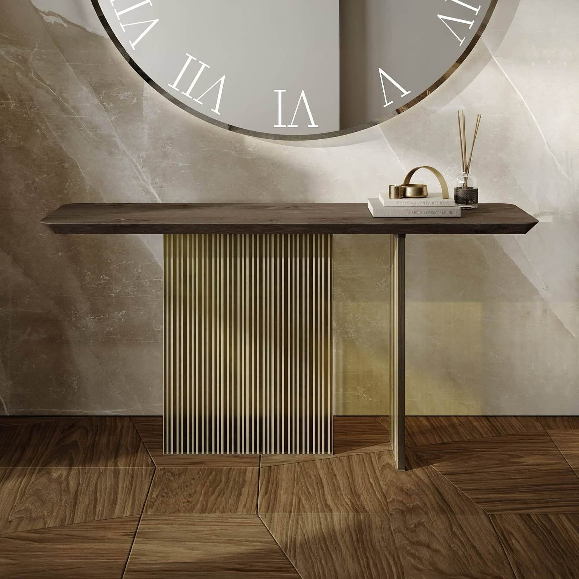 Elegant Monolite console table with a sleek dark wood top and gold metal accents, perfect for stylis.