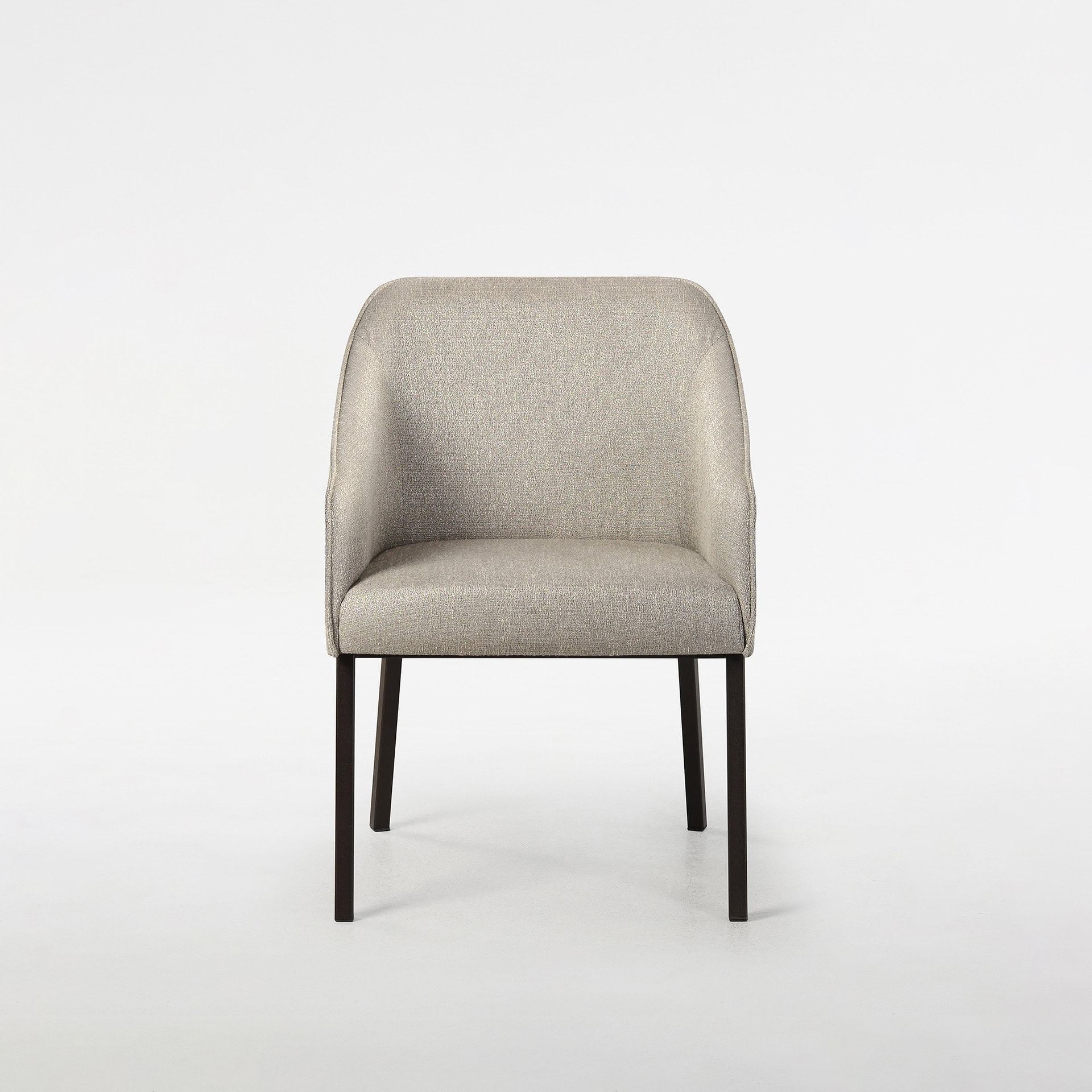 Elegant beige upholstered dining chair with dark wooden legs.