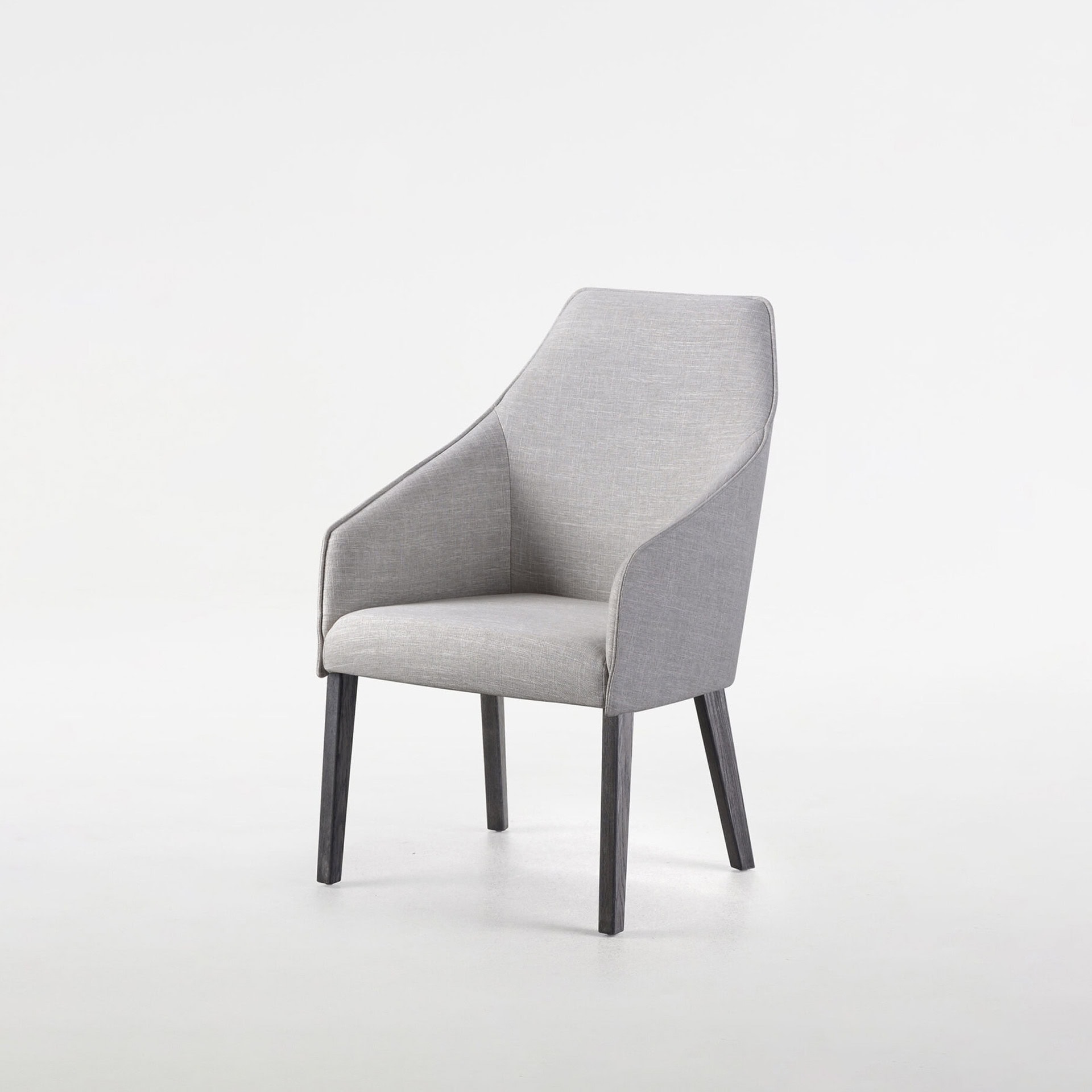 Elegant grey upholstered armchair with wooden legs for stylish living spaces.