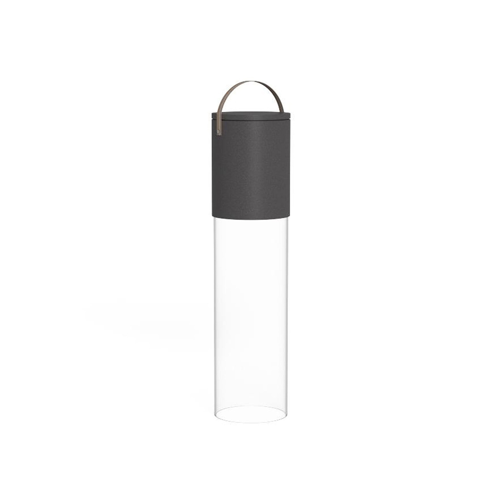 Portable water bottle with black lid and carrying handle for outdoor use.