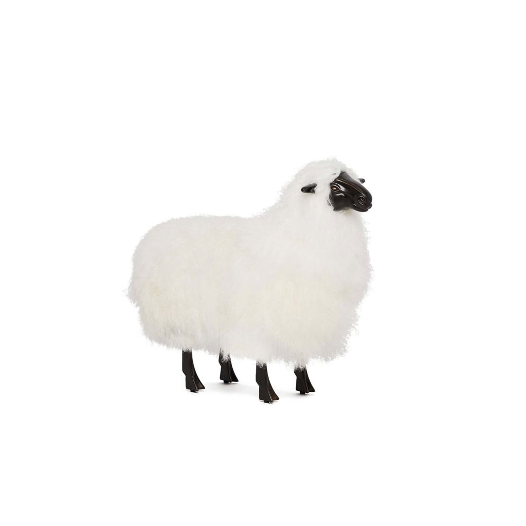 Angled view of Lucie Baby Sheep Statue upholstered in genuine ivory sheepskin with bronze accents.