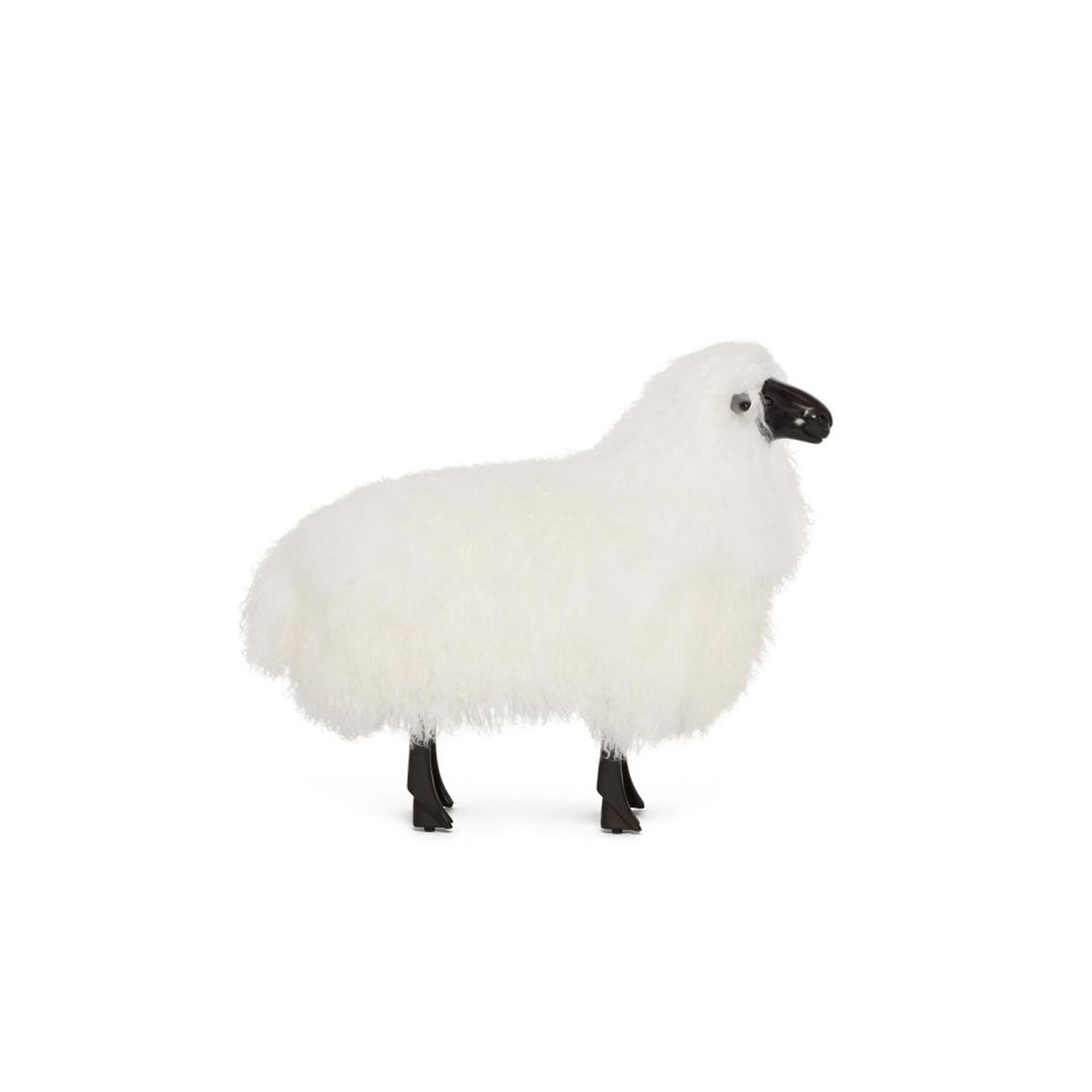 Side view of Lucie Baby Sheep Statue highlighting sculptural form, ivory sheepskin, and bronze patina finish.