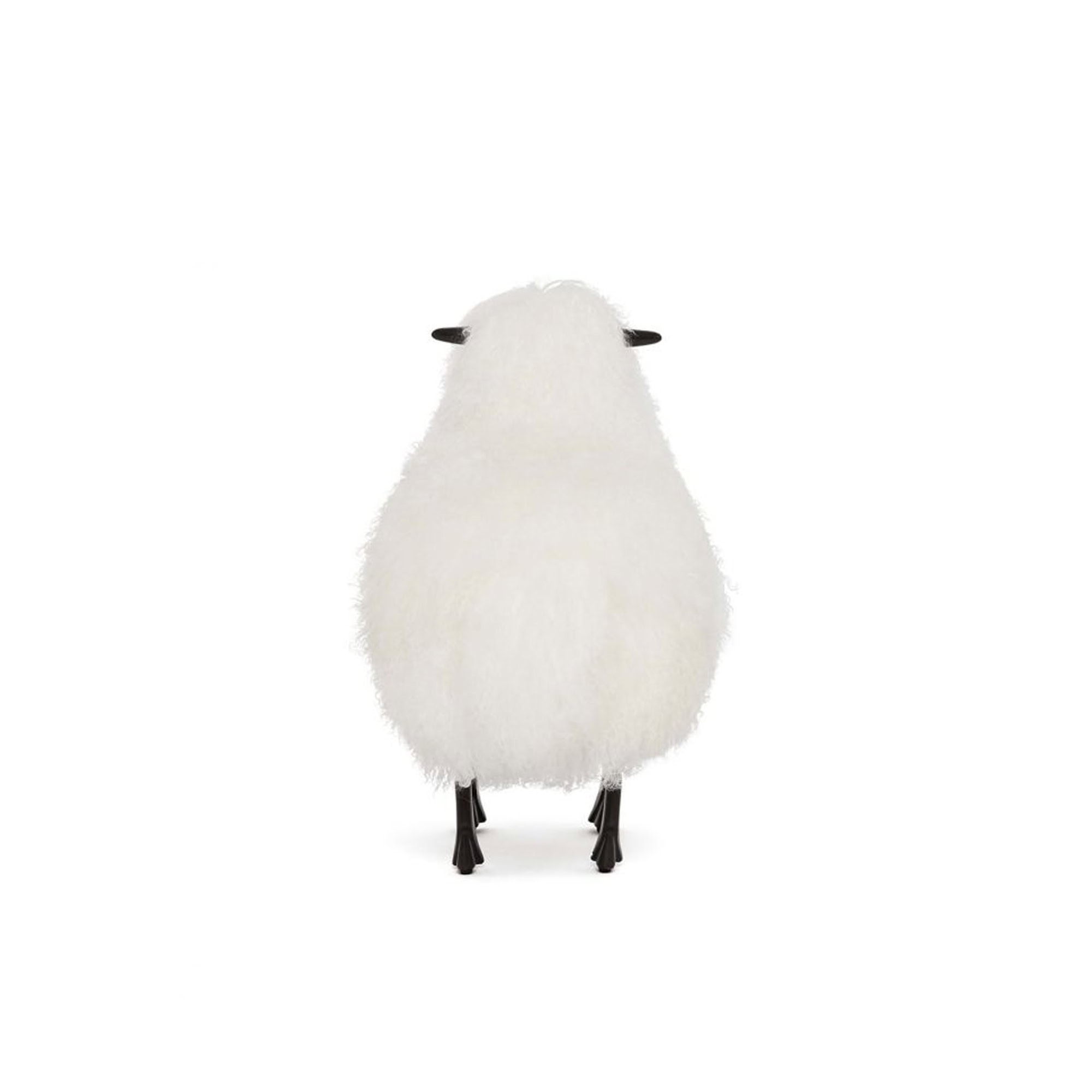 Back view of Lucie Baby Sheep Statue in ivory sheepskin with antique bronze legs.