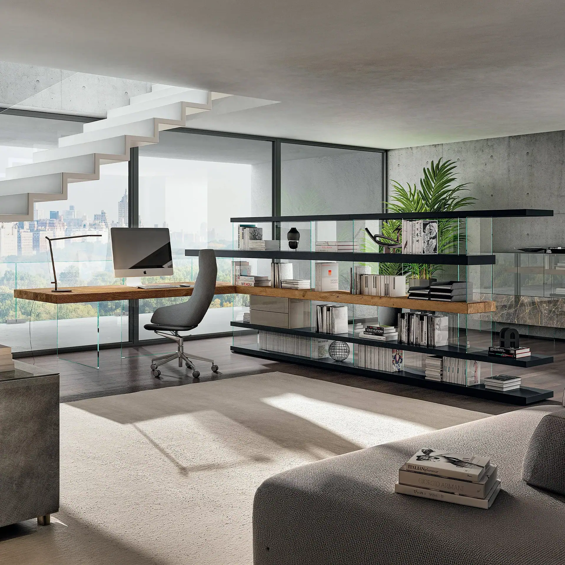 Contemporary office space with a sleek bookshelf and city view.