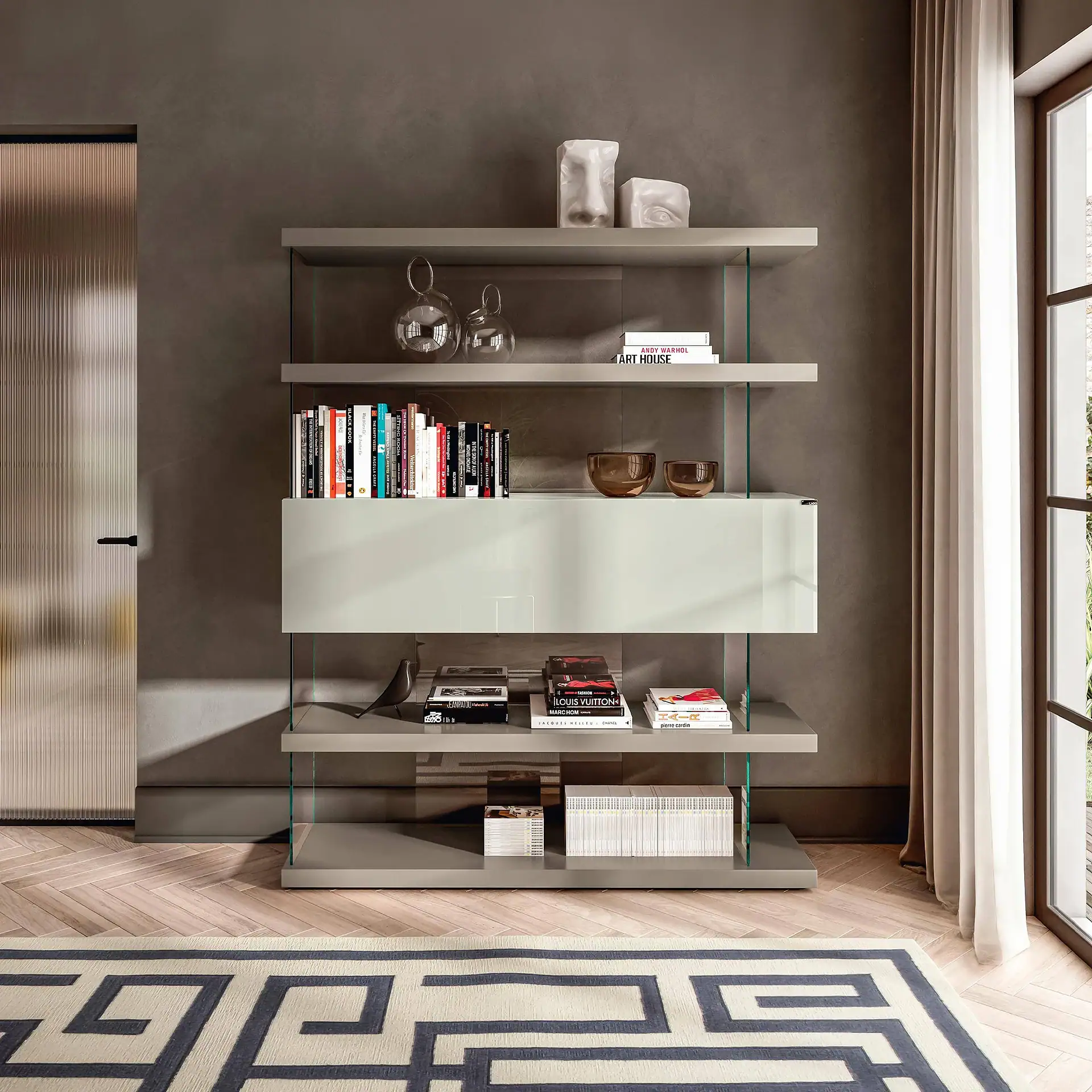 Modern bookshelf with books and decorative items in a stylish living room.