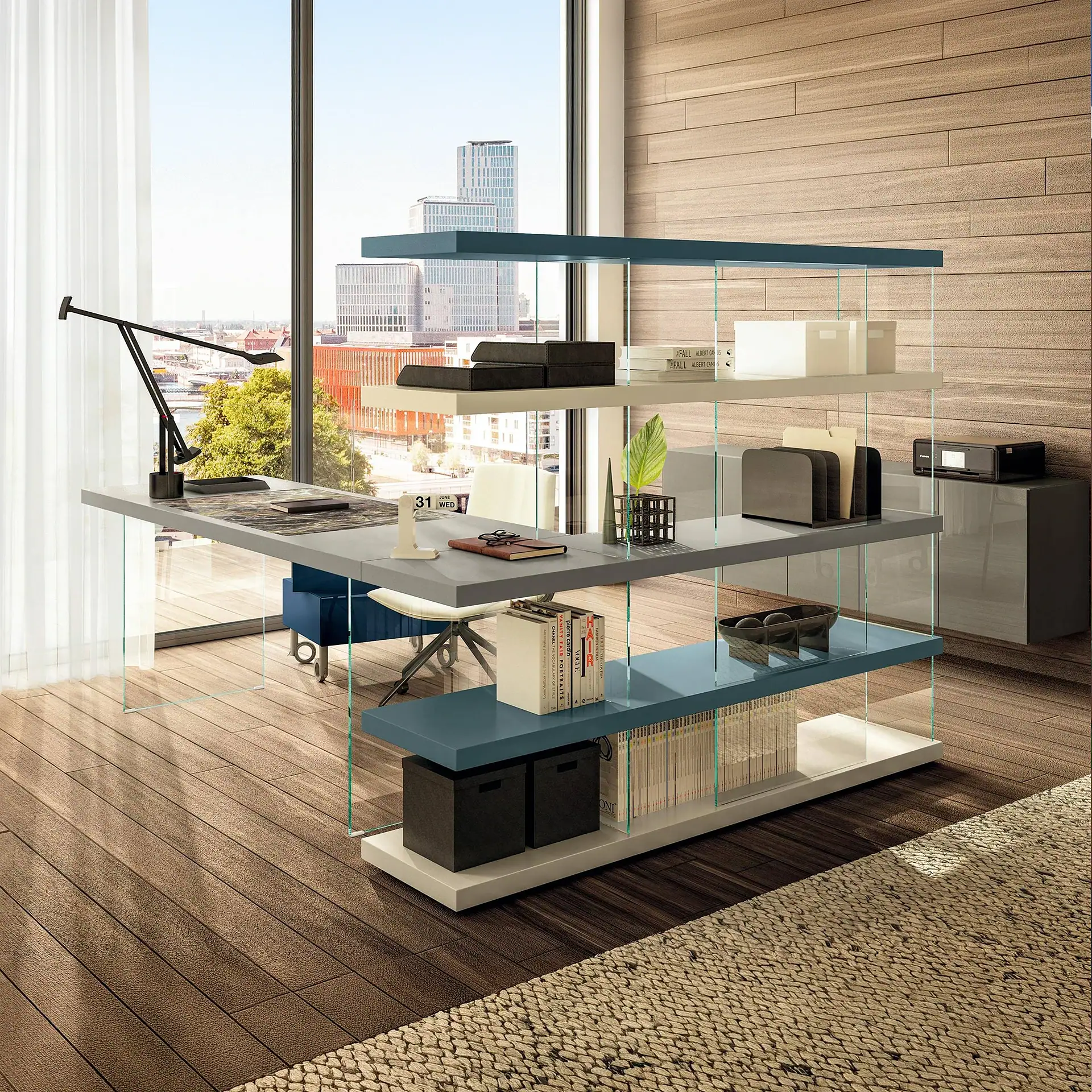 Modern glass and wood bookshelf in a bright office with city view.