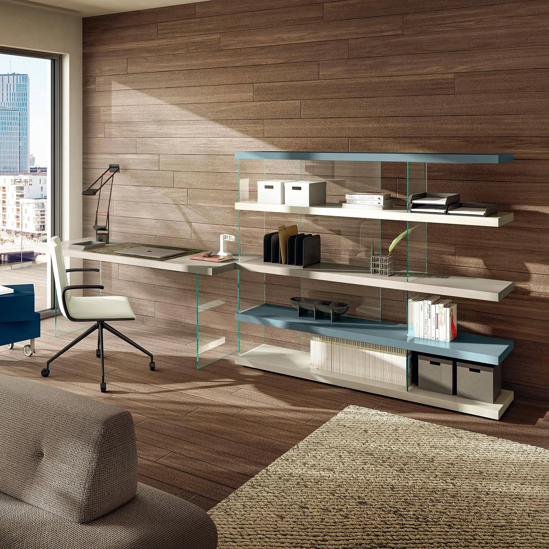 Contemporary office bookshelf with glass shelves and wooden wall background.