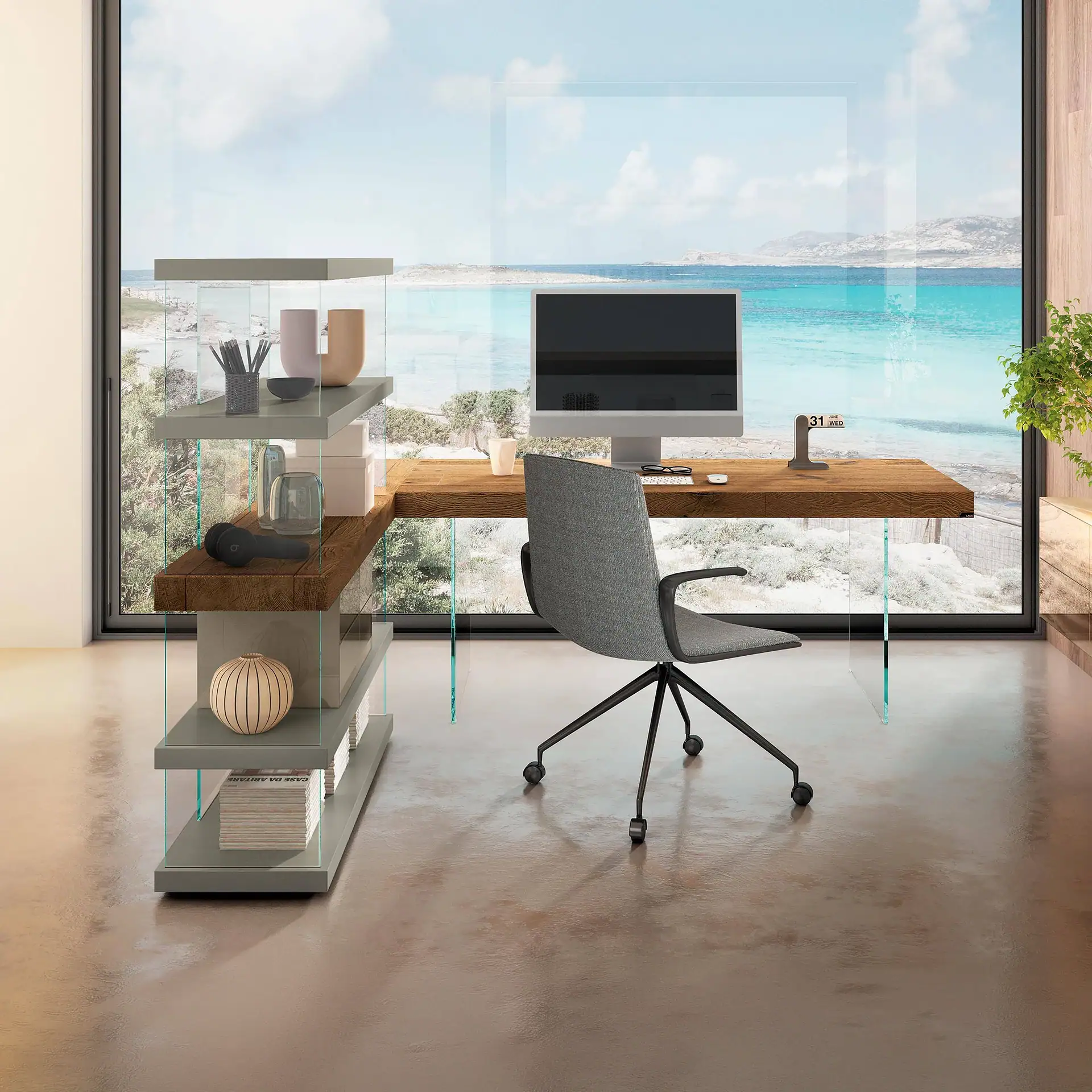 Contemporary home office with desk, chair, and ocean view through large window.