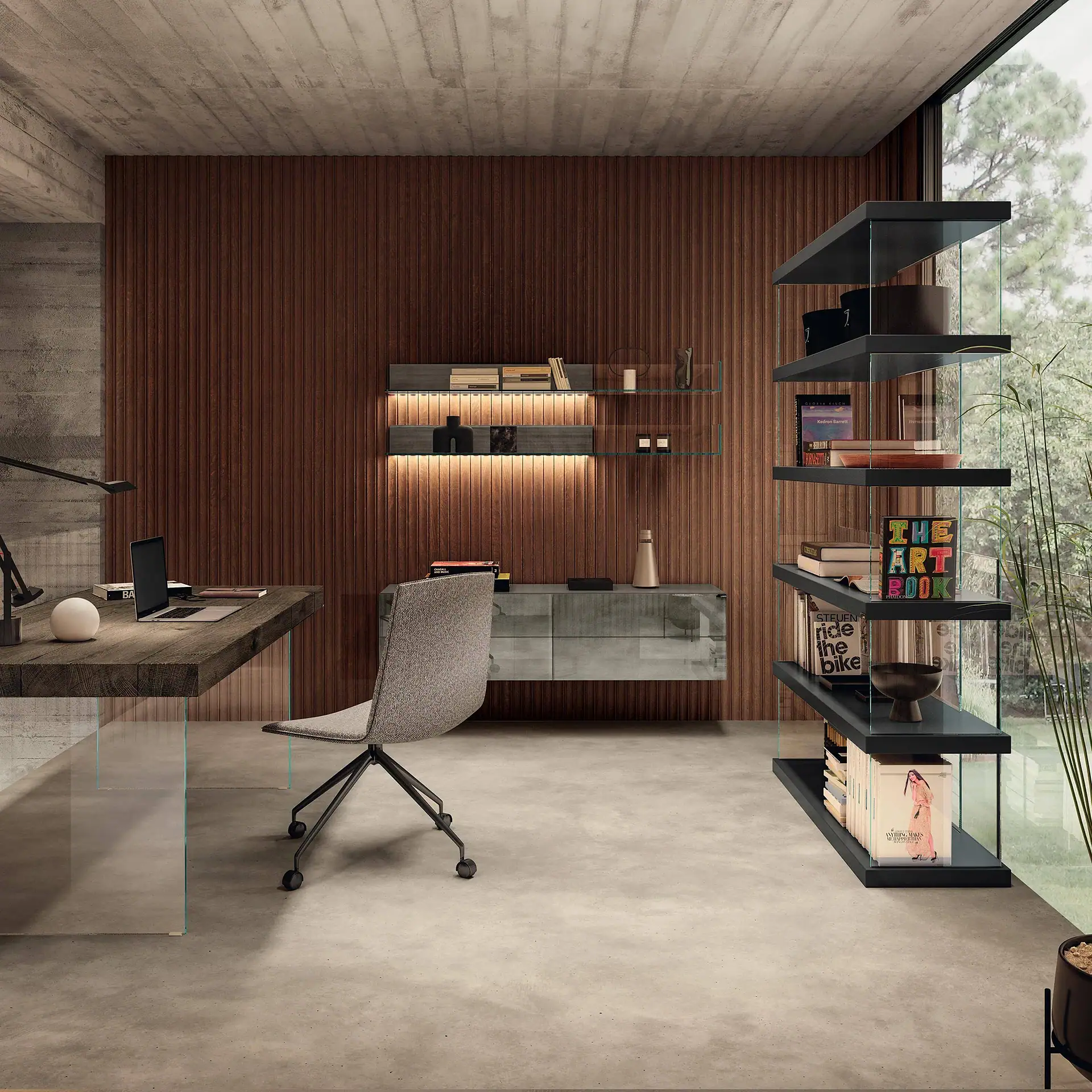 Contemporary office space with a bookshelf, shelves, and a desk near large window.