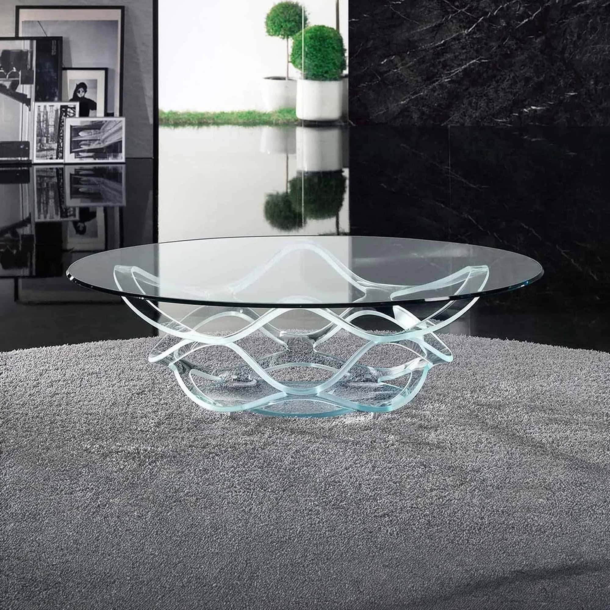 Neolitico 40 Glass Coffee Table styled in a contemporary interior with extra clear glass base and oval glass top.