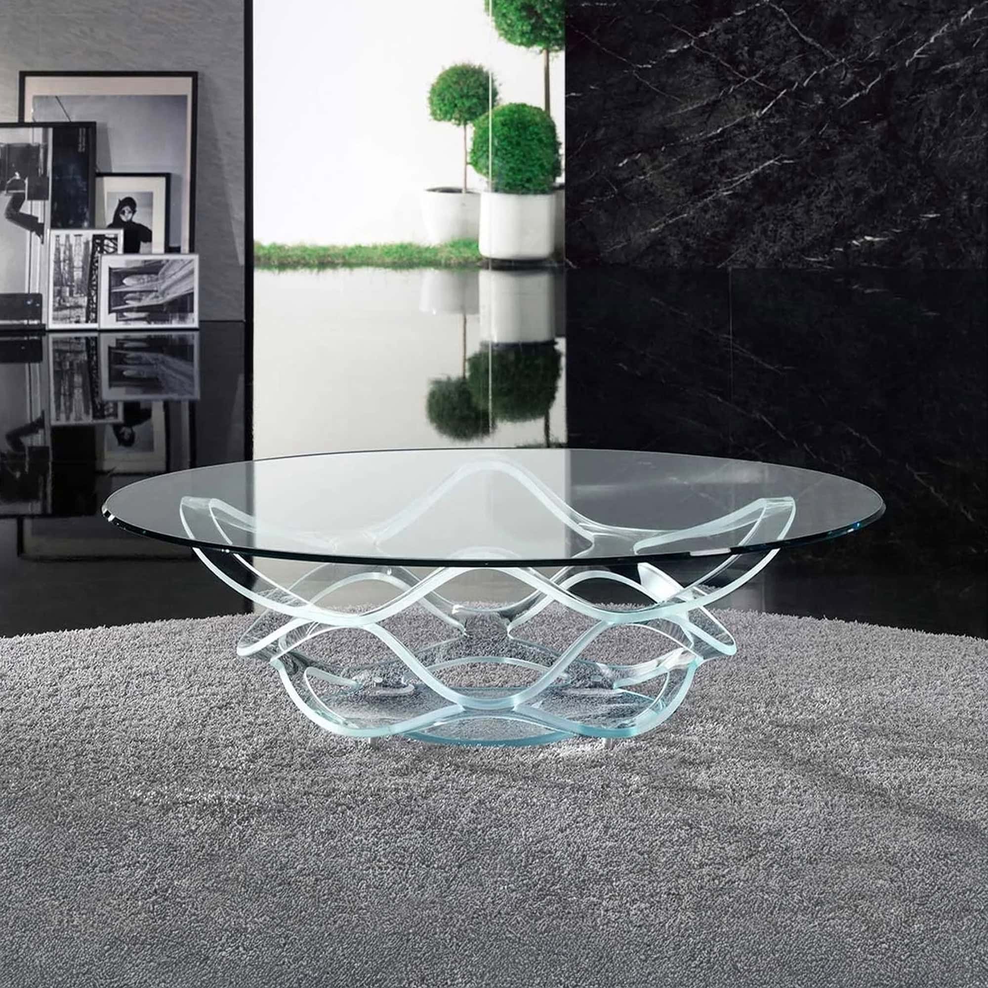 Neolitico 40 Glass Coffee Table styled in a contemporary interior with extra clear glass base and oval glass top.