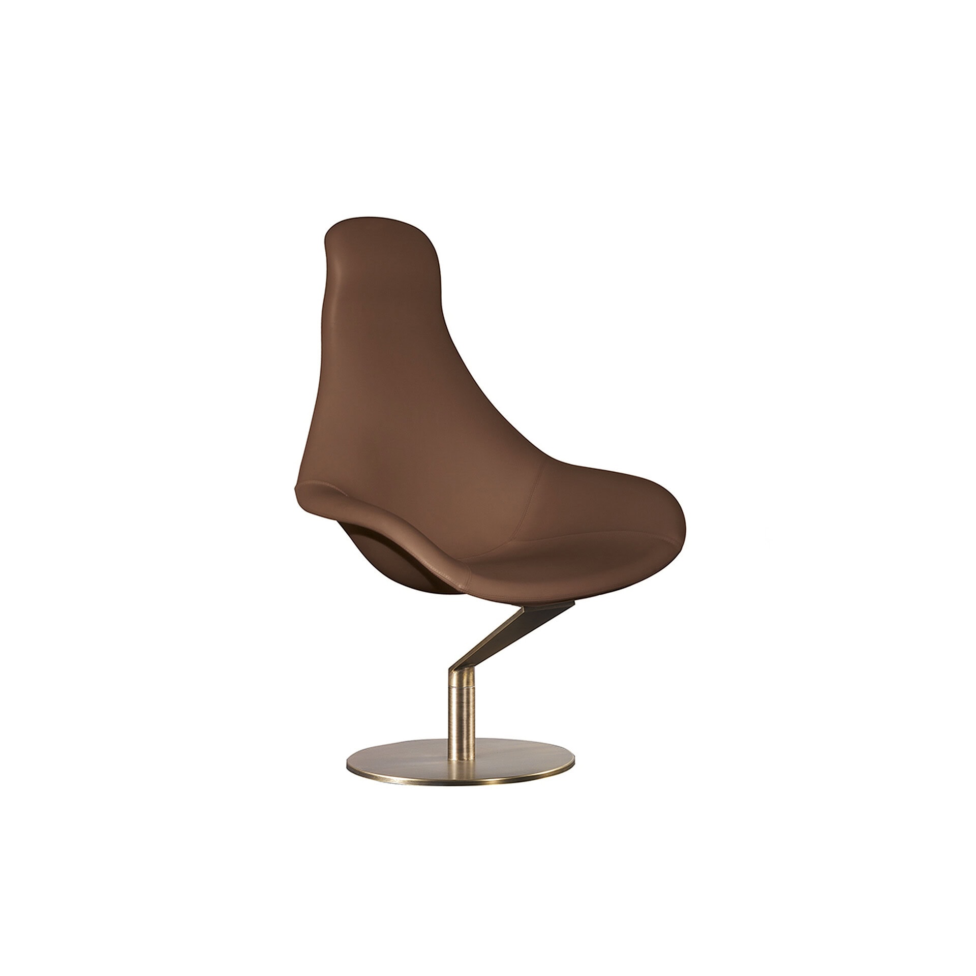 Stylish brown lounge chair with sleek design and metal base.